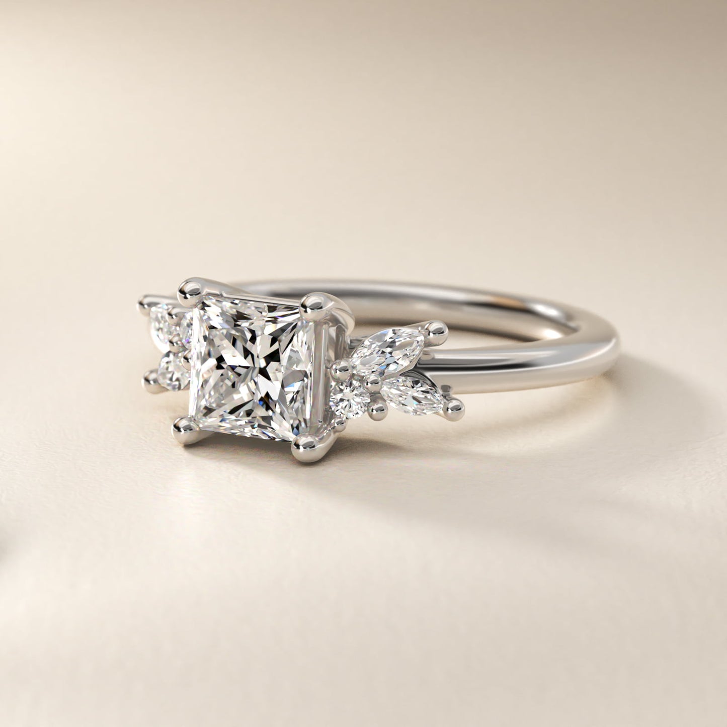 Marquise and Round Cluster Array Diamond Engagement Ring in Platinum - Princess Center