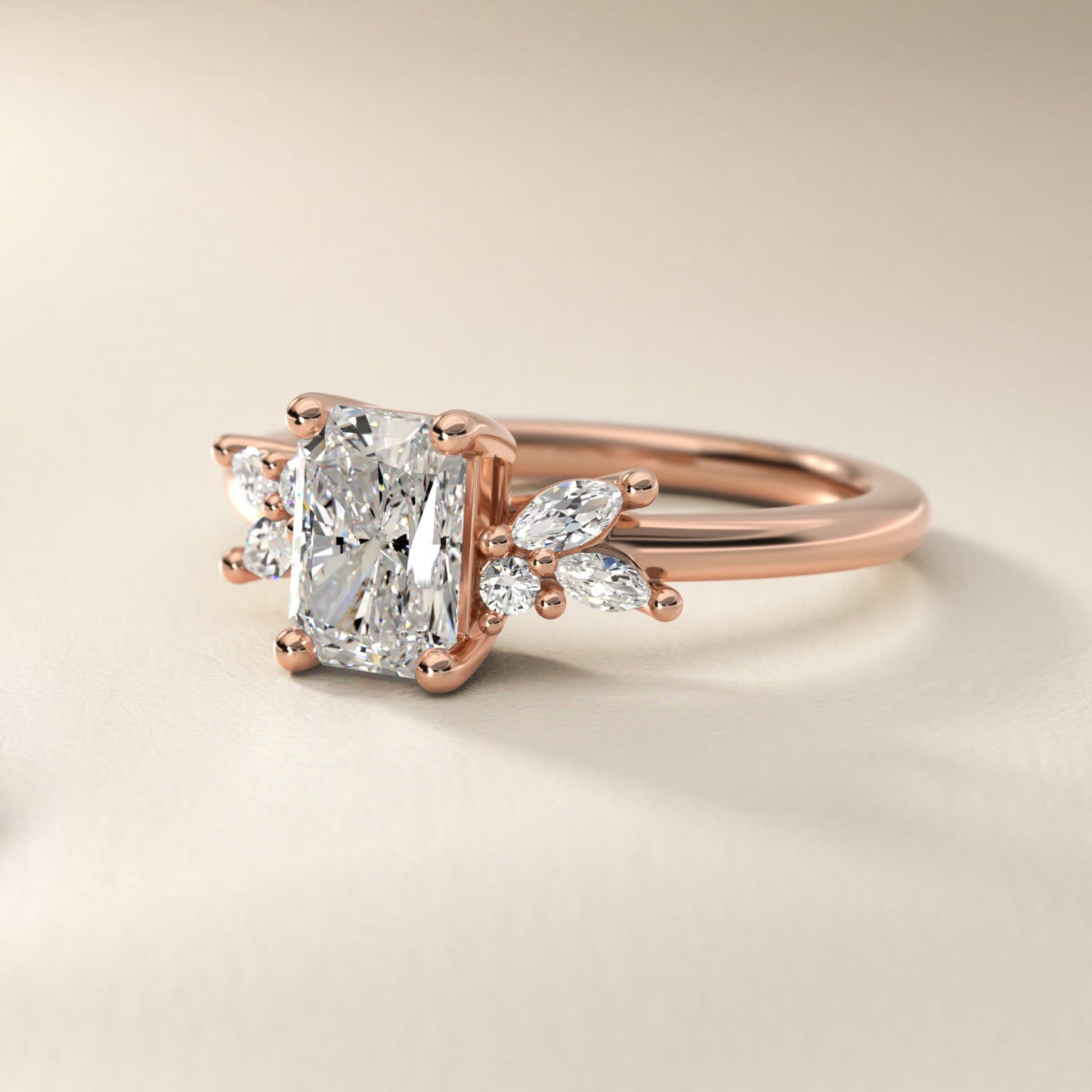 Marquise and Round Cluster Array Diamond Engagement Ring in 18k Rose Gold - Radiant Center