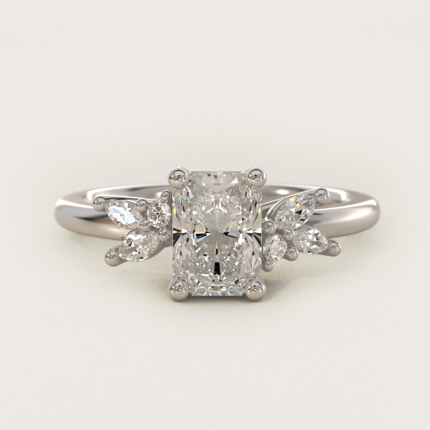 Marquise and Round Cluster Array Diamond Engagement Ring in 18k White Gold - Radiant Center