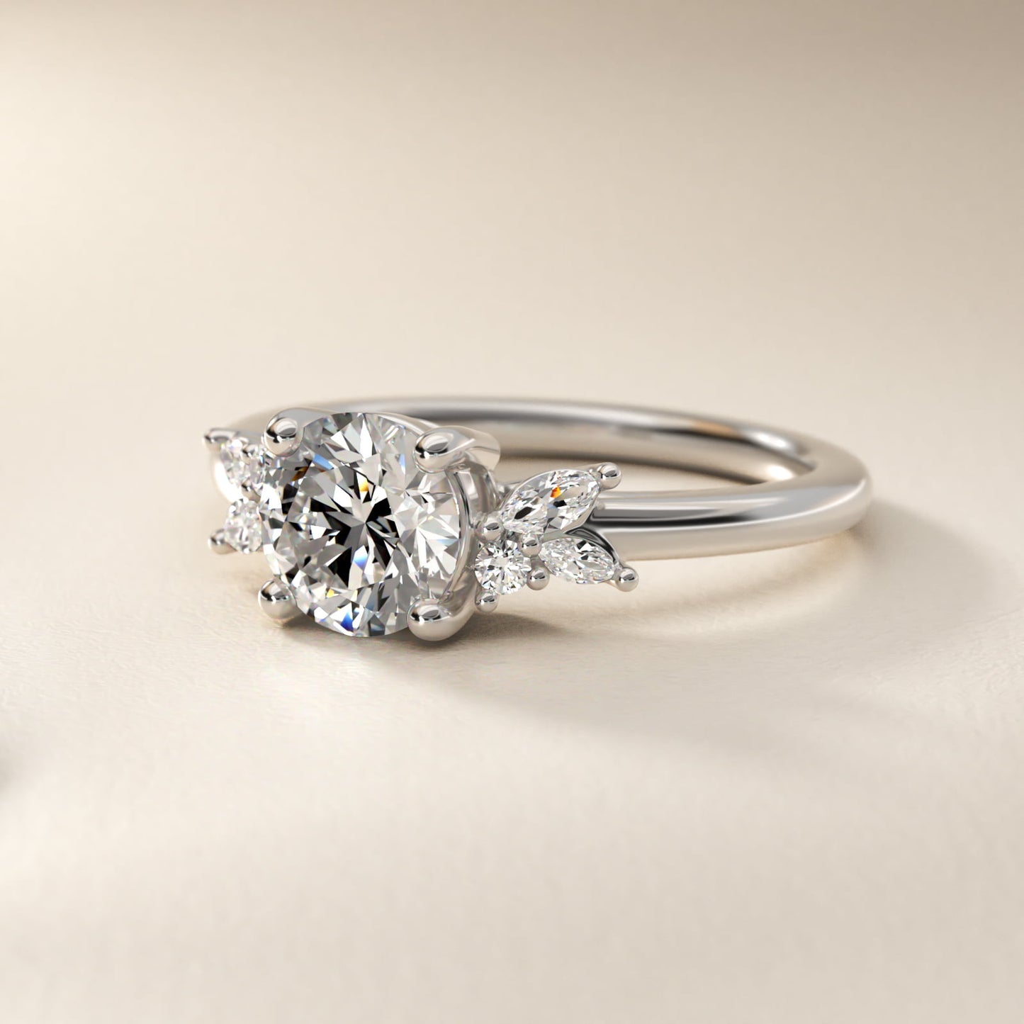 Marquise and Round Cluster Array Diamond Engagement Ring in Platinum - Round Center