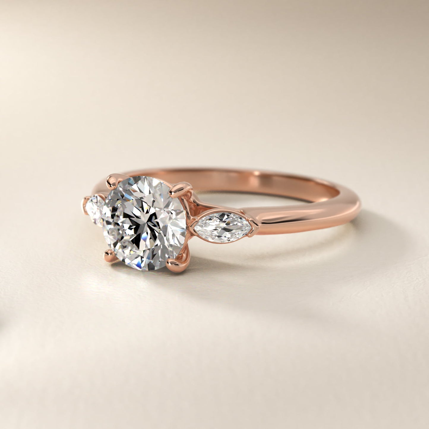 Marquise Cut Diamond Three Stone Engagement Ring In 18k Rose Gold By James Allen - Round Center
