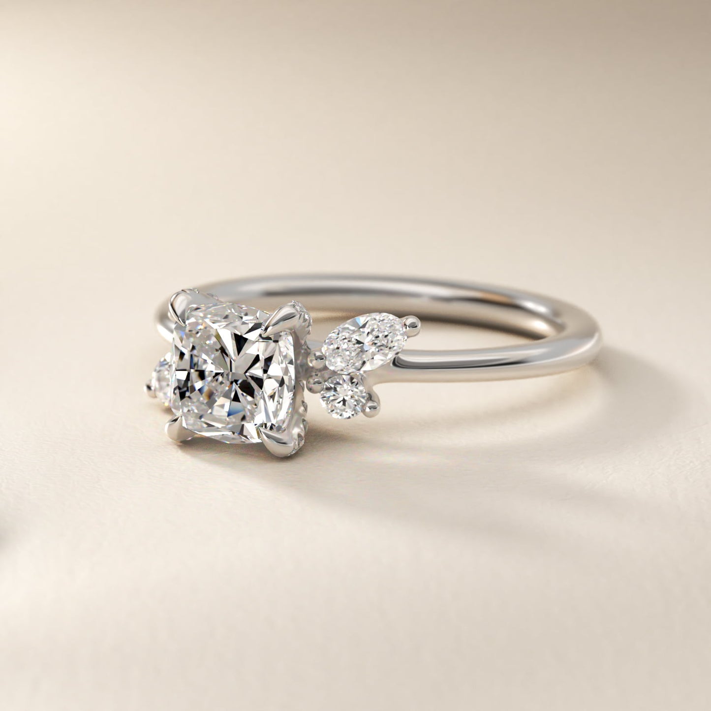 Marquise Diamond Accents Side Stone Engagement Ring With PavŽ Basket In 18k White Gold By James Allen - Cushion Center