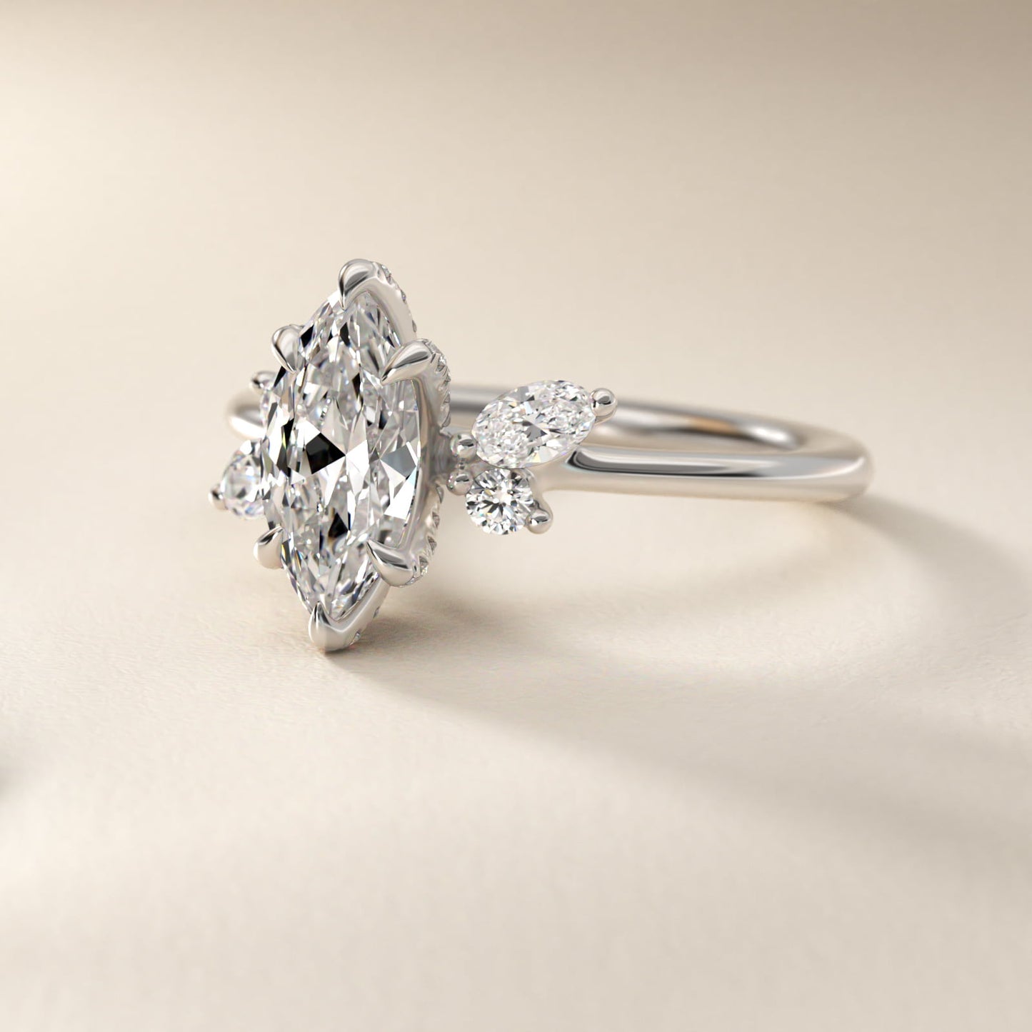 Marquise Diamond Accents Side Stone Engagement Ring With PavŽ Basket In 14K White Gold By James Allen - Marquise Center