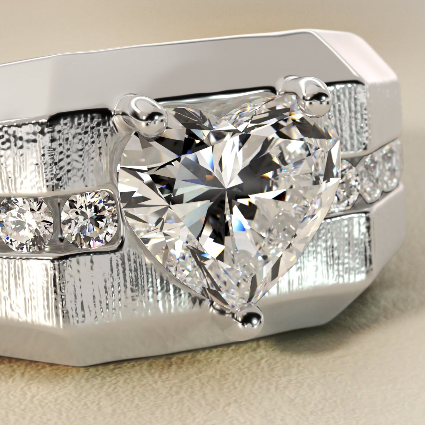 Men's Brushed Finish Diamond Channel Engagement Ring in 14k White Gold (1/4 ct. tw.) - Heart Center
