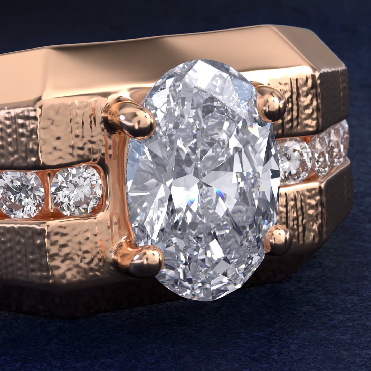 Men's Brushed Finish Diamond Channel Engagement Ring in 14k Rose Gold (1/4 ct. tw.) - Oval Center