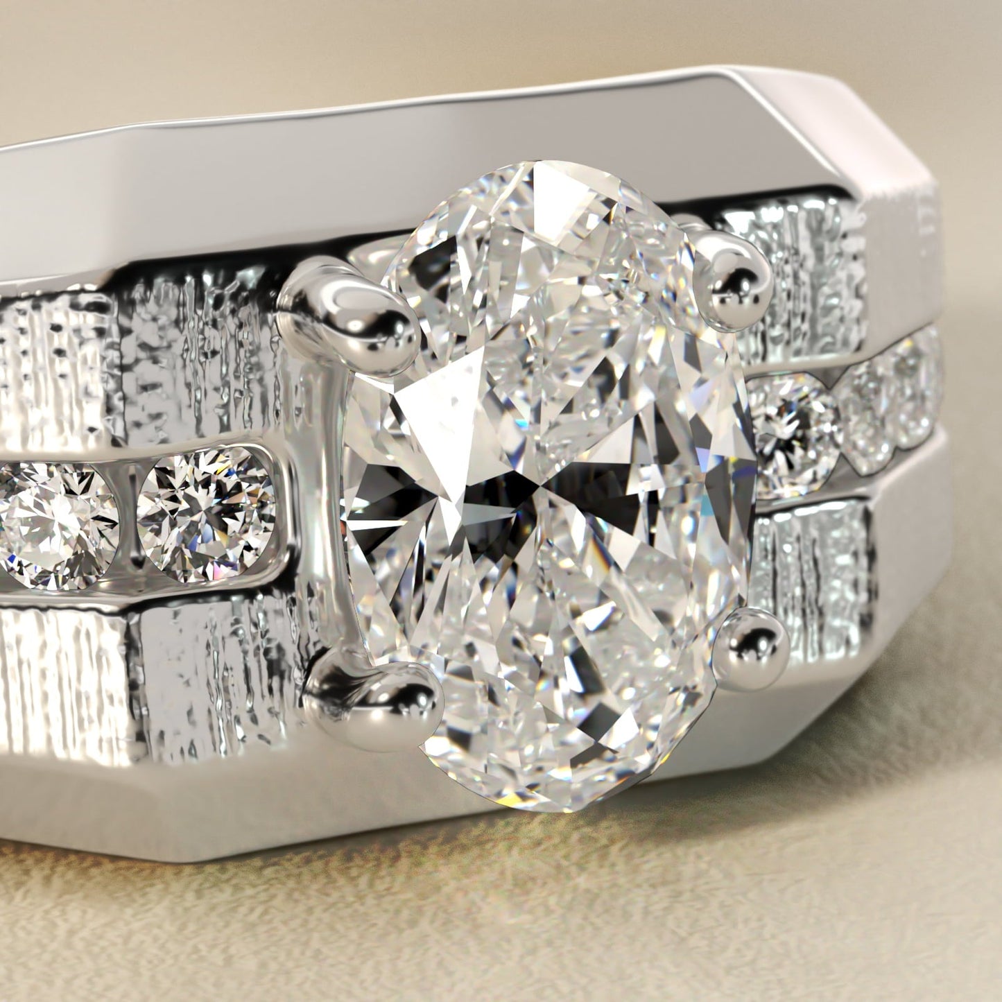 Men's Brushed Finish Diamond Channel Engagement Ring in 18k White Gold (1/4 ct. tw.) - Oval Center