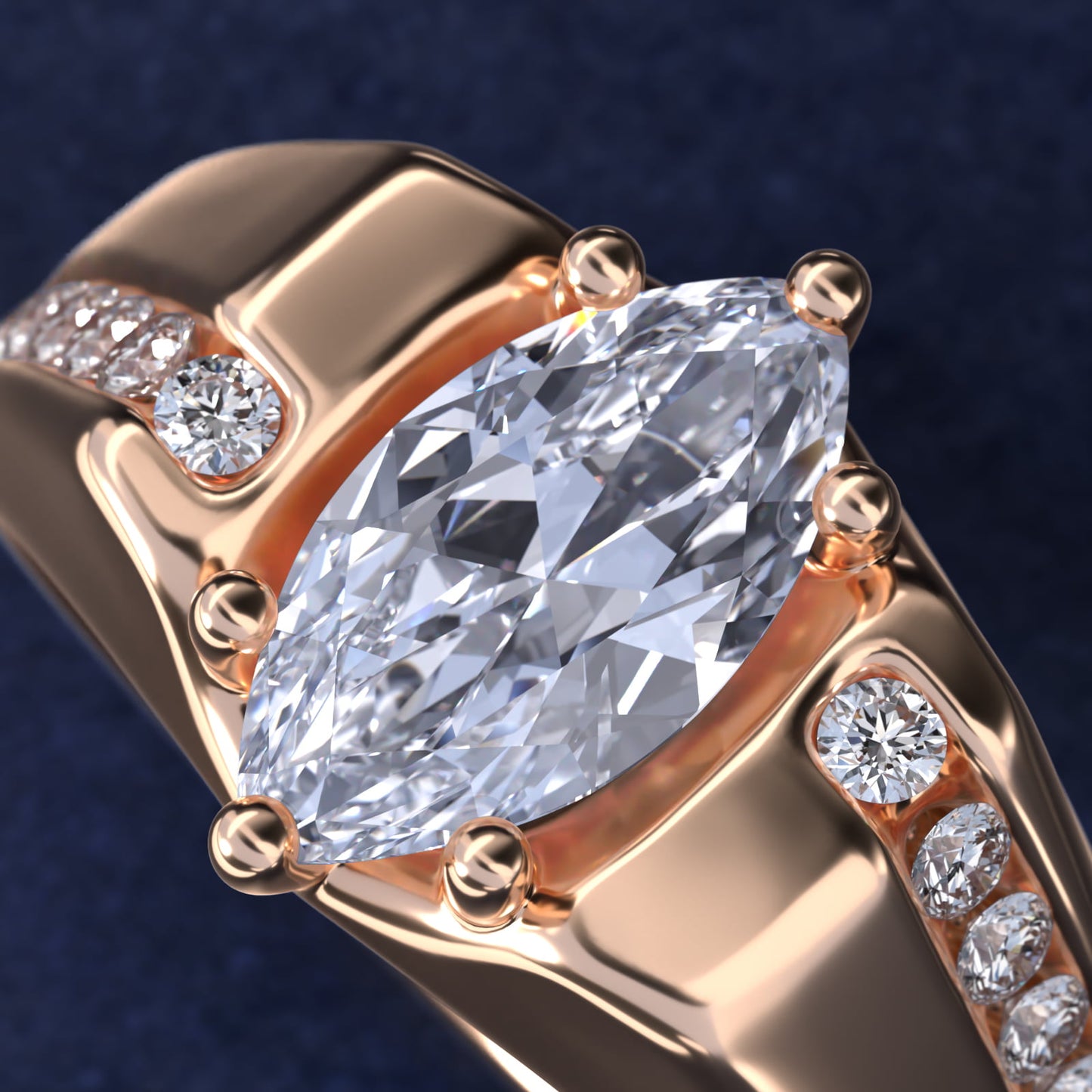 Men's Bypass Channel Diamond Engagement Ring in 14k Rose Gold (1/4 ct. tw.) - Marquise Center