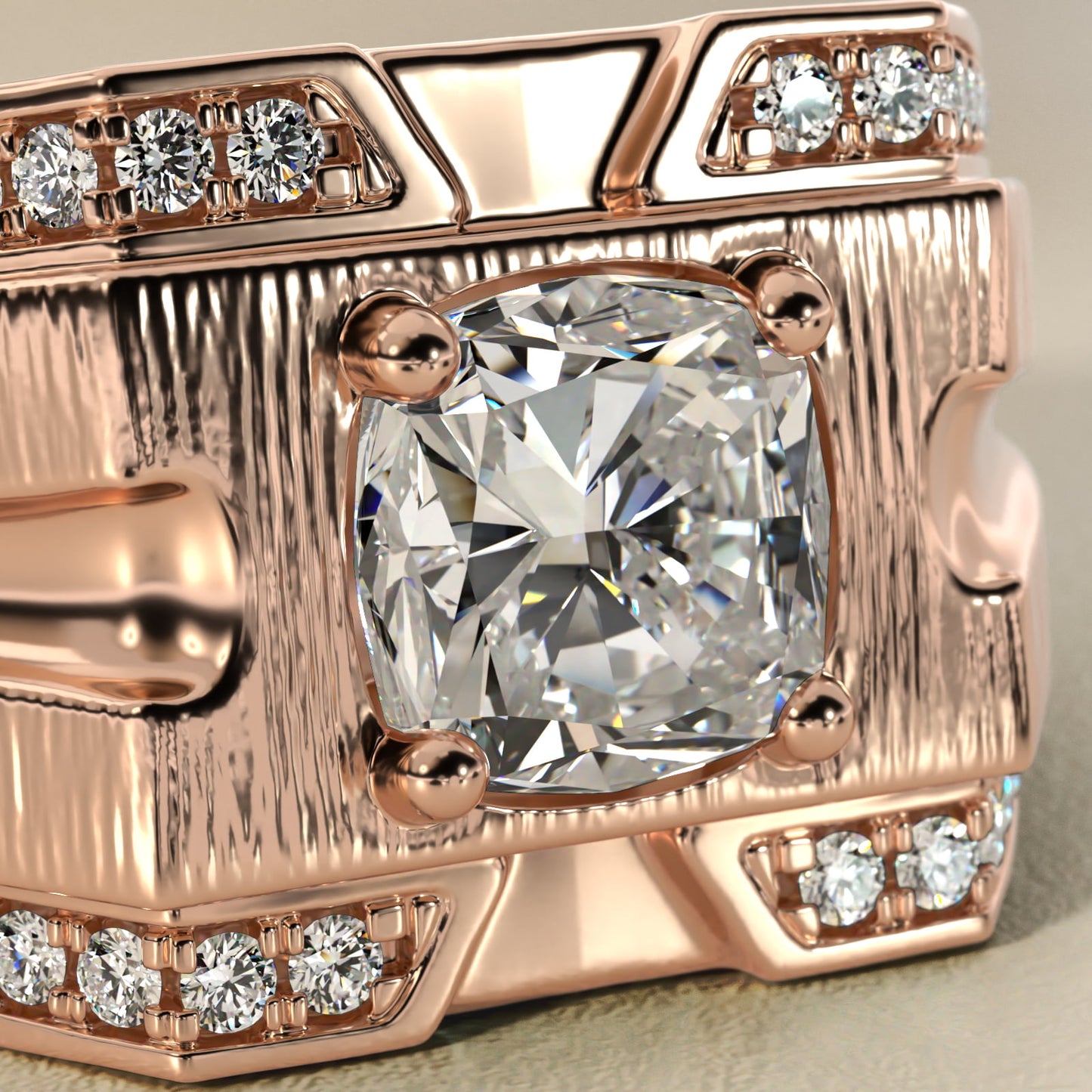 Men's Grooved Diamond Channel Engagement Ring in 14K Rose Gold (1/4 ct. tw.) - Cushion Center