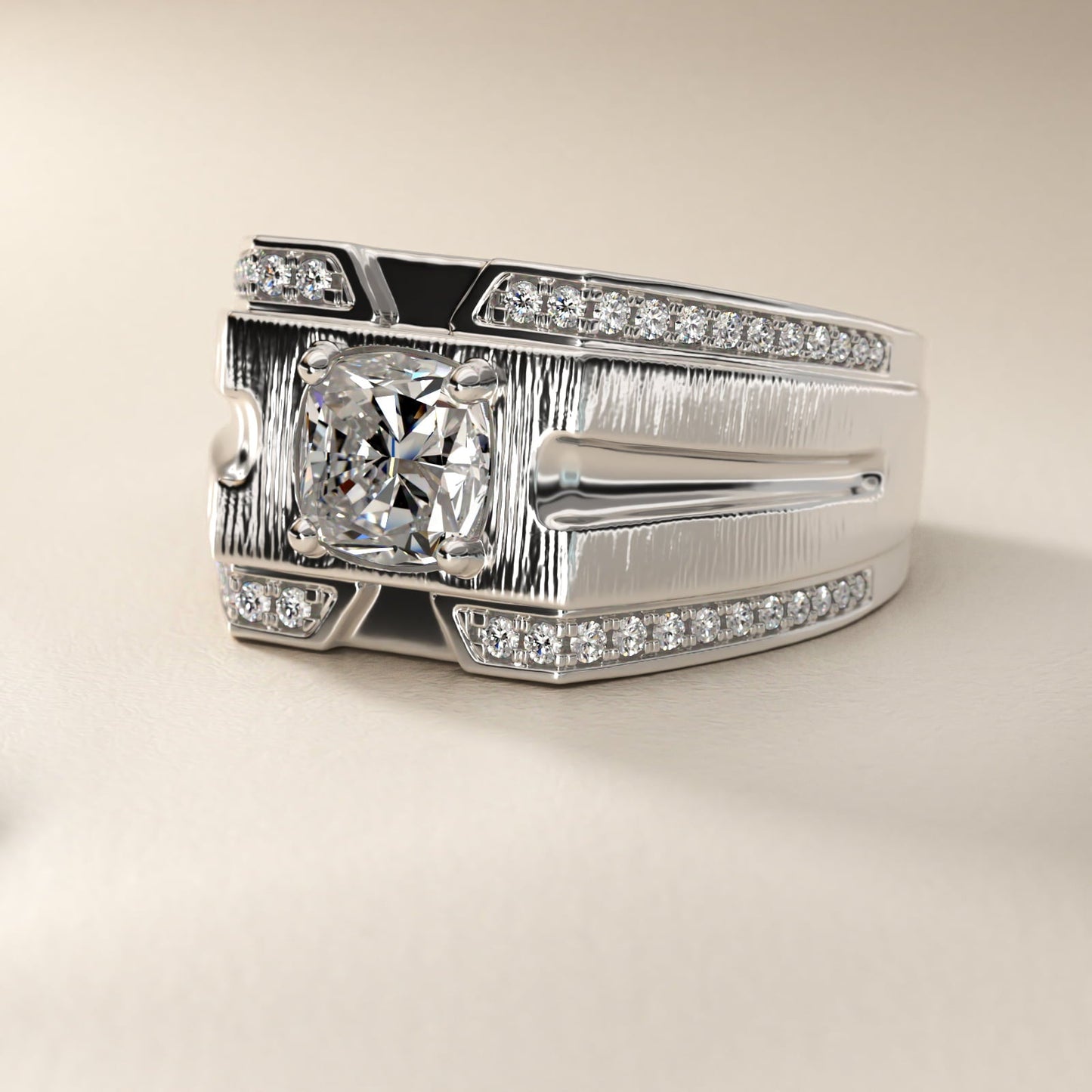 Men's Grooved Diamond Channel Engagement Ring in Platinum (1/4 ct. tw.) - Cushion Center