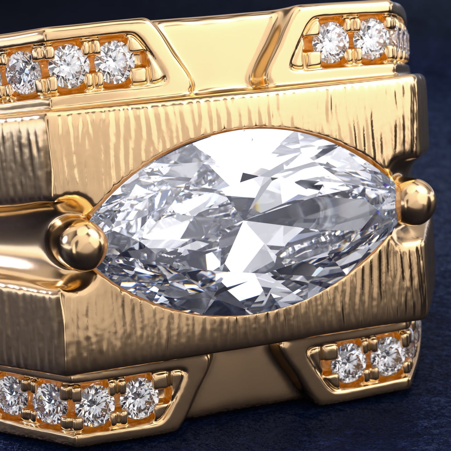 Men's Grooved Diamond Channel Engagement Ring in 14K Yellow Gold (1/4 ct. tw.) - Marquise Center
