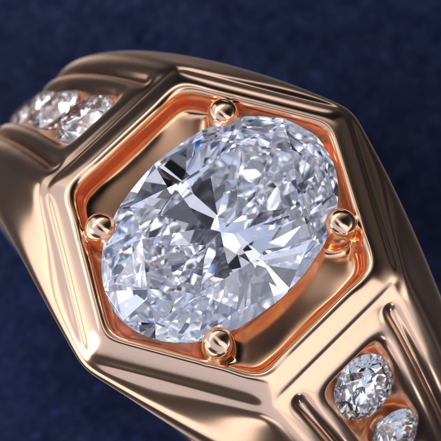 Men's Hexagon Diamond Channel Engagement Ring in 14k Rose Gold (3/8 ct. tw.) - Oval Center