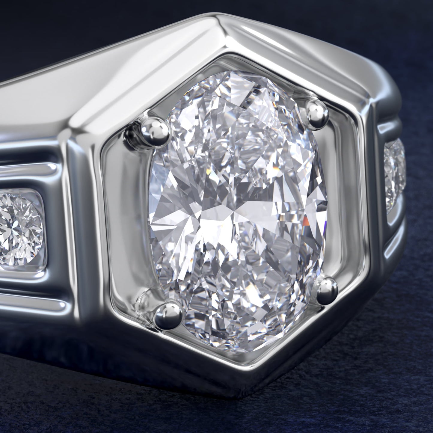 Men's Hexagon Diamond Channel Engagement Ring in 14k White Gold (3/8 ct. tw.) - Oval Center