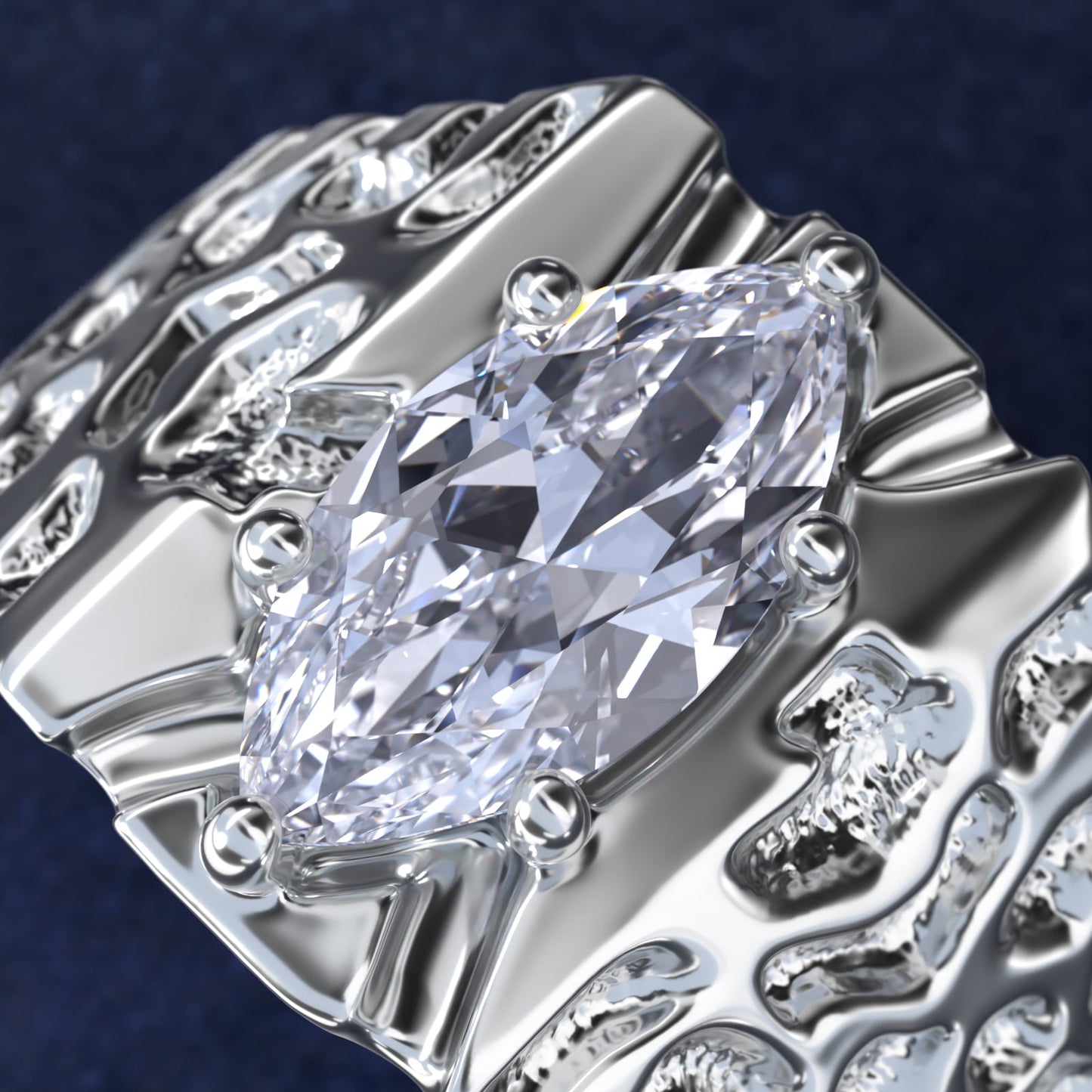 Men's Nugget Engagement Ring in 18k White Gold - Marquise Center
