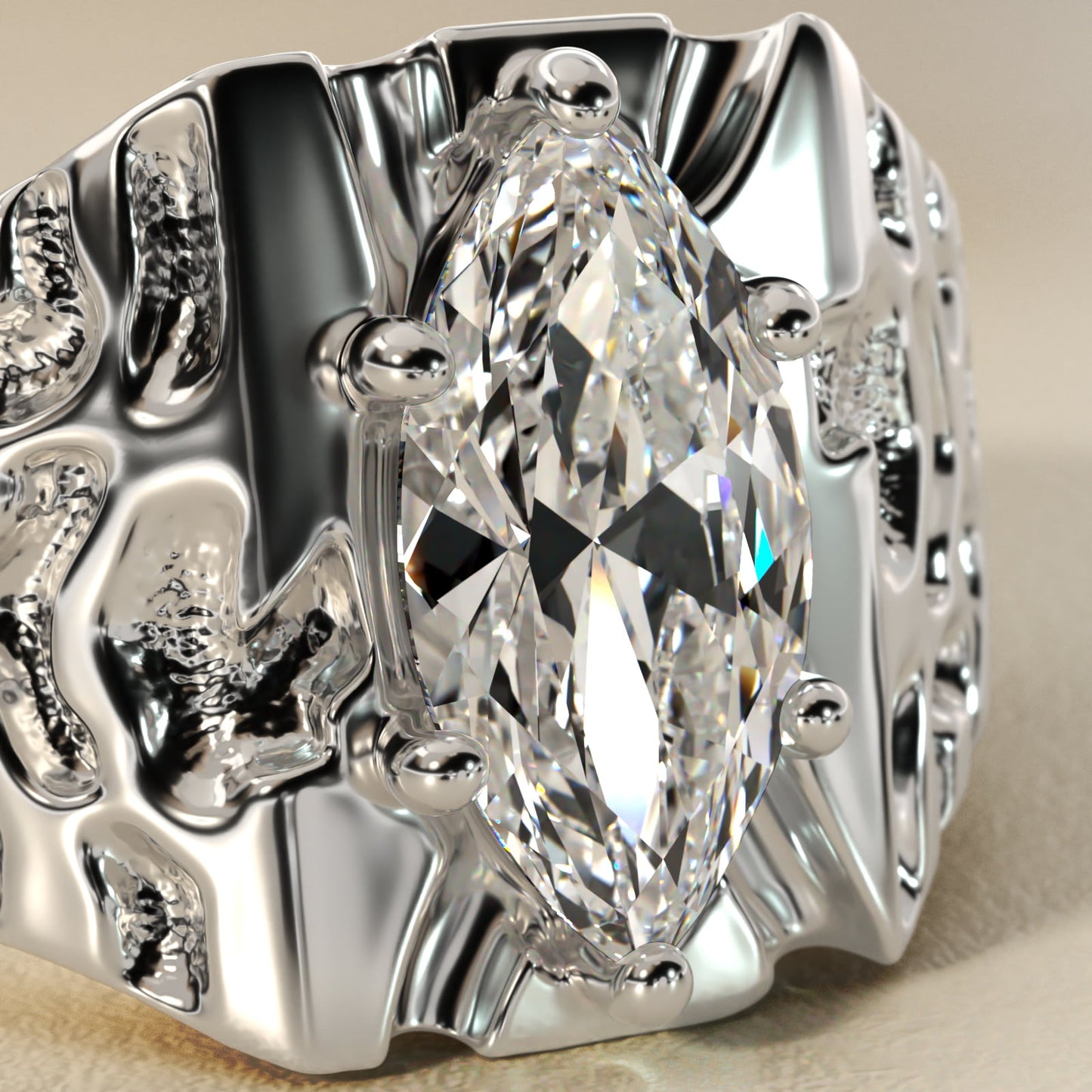 Men's Nugget Engagement Ring in Platinum - Marquise Center