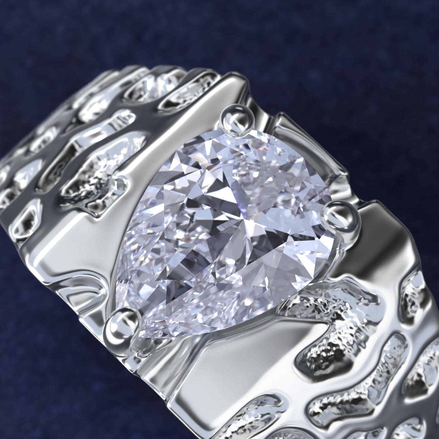 Men's Nugget Engagement Ring in 14k White Gold - Pear Center