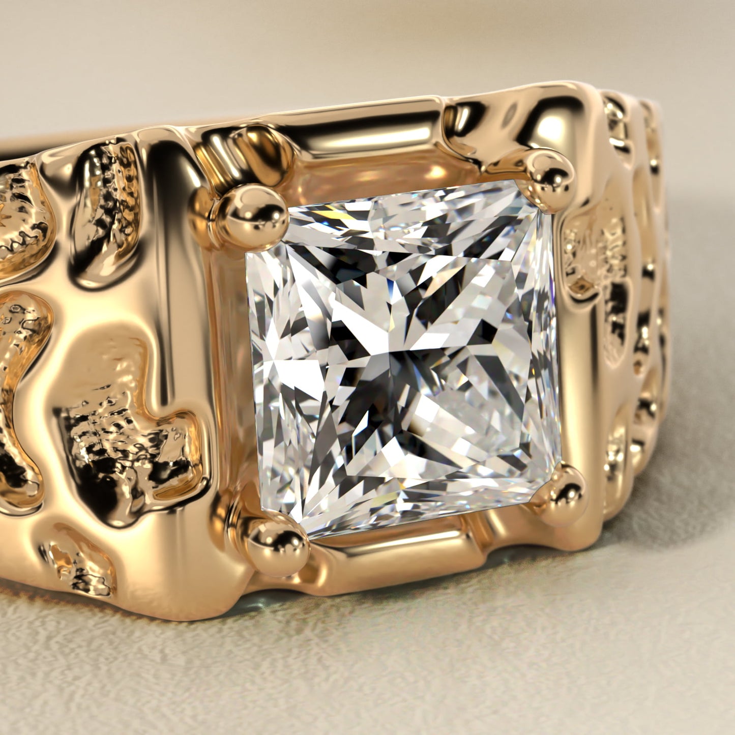 Men's Nugget Engagement Ring in 14k Yellow Gold - Princess Center