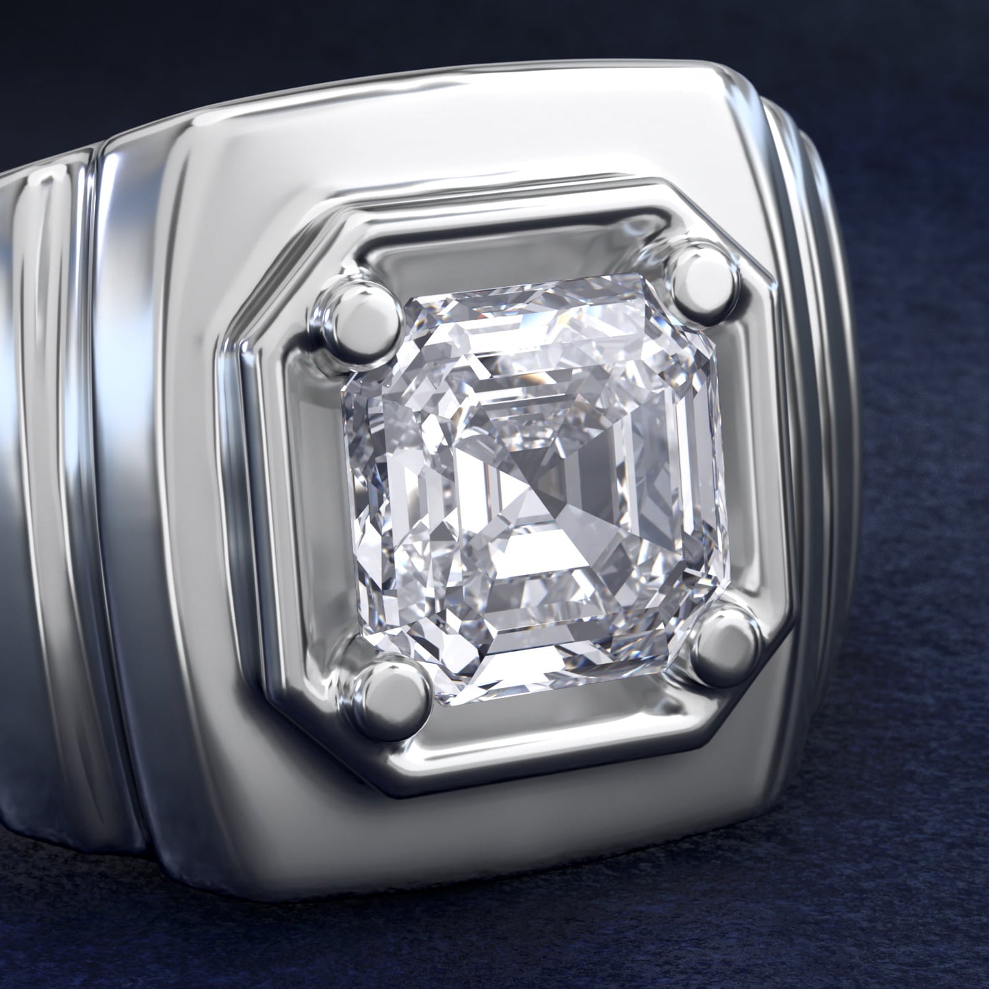 Men's Ridged Solitaire Engagement Ring in 18k White Gold - Asscher Center