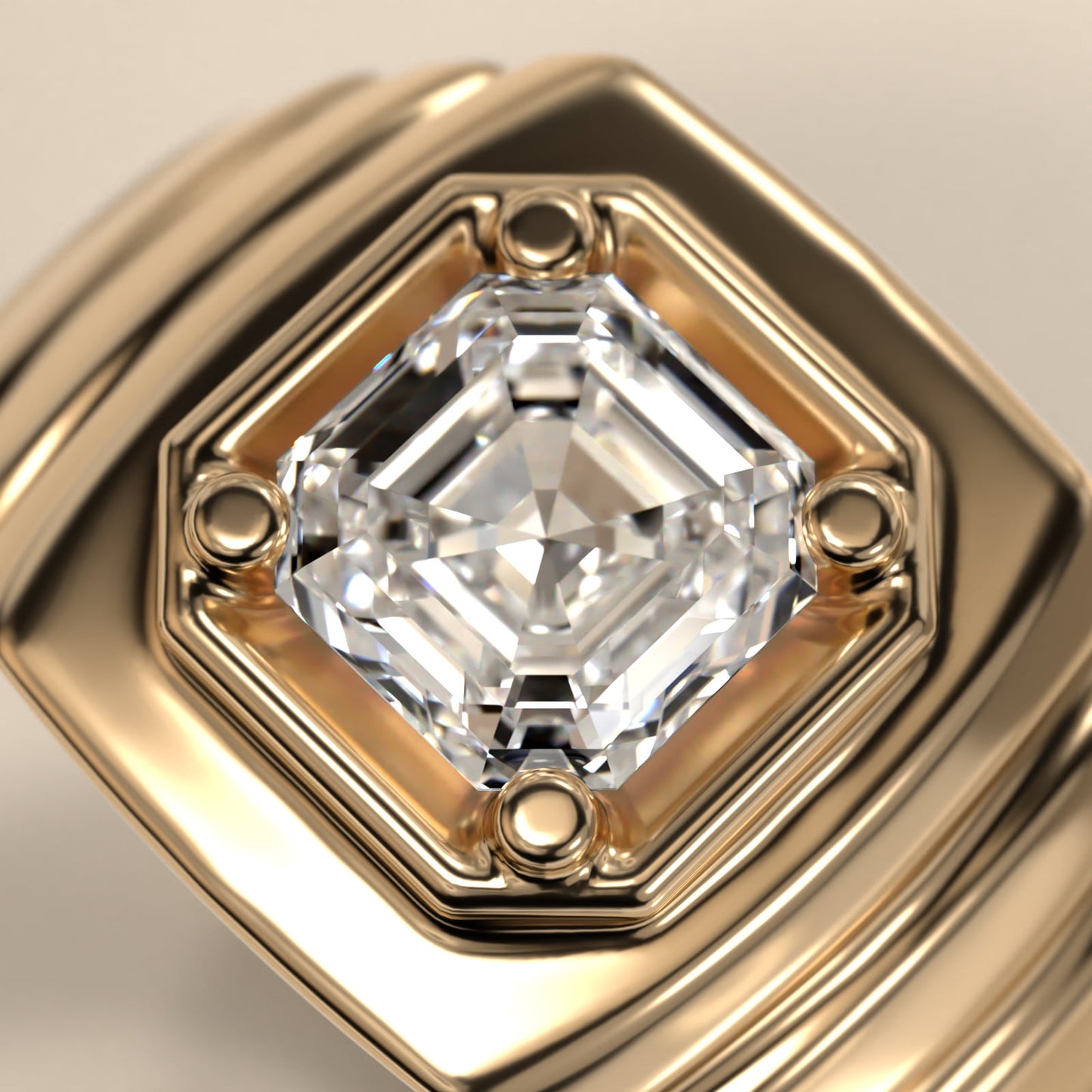 Men's Ridged Solitaire Engagement Ring in 18k Yellow Gold - Asscher Center