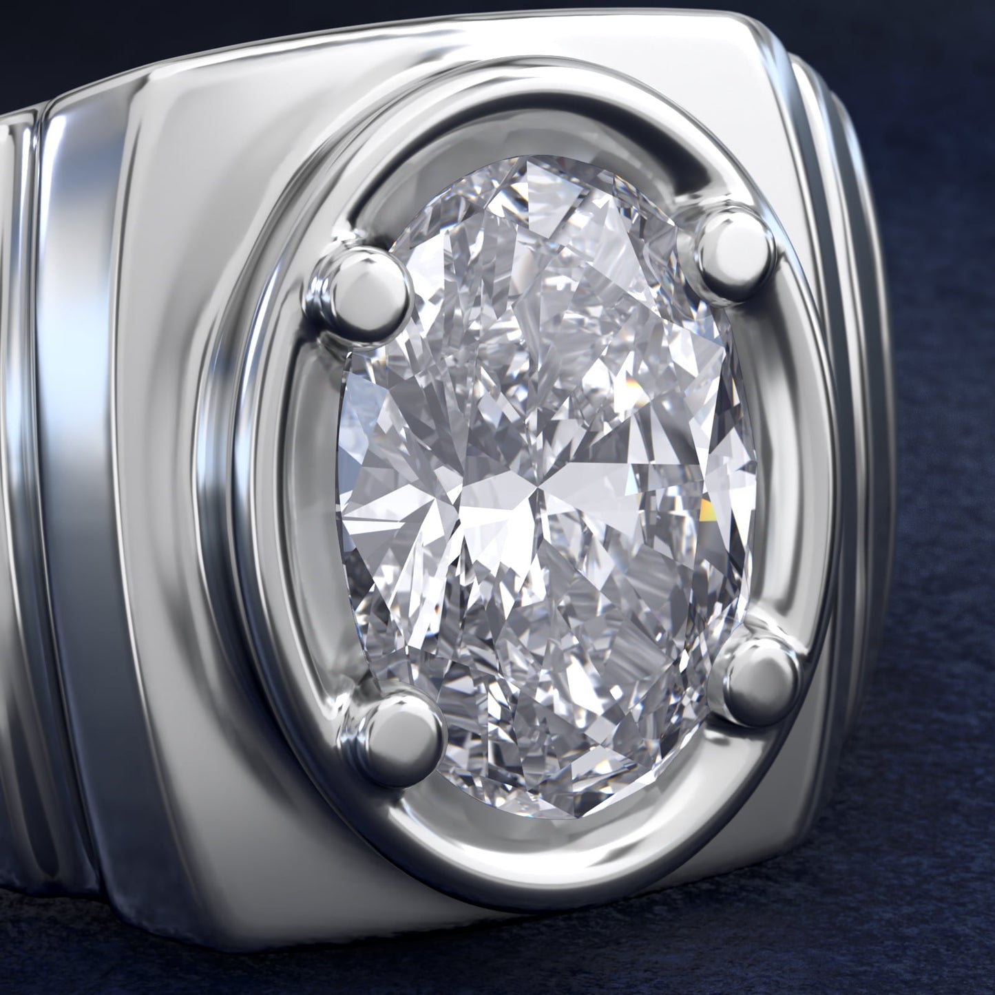 Men's Ridged Solitaire Engagement Ring in 18k White Gold - Oval Center