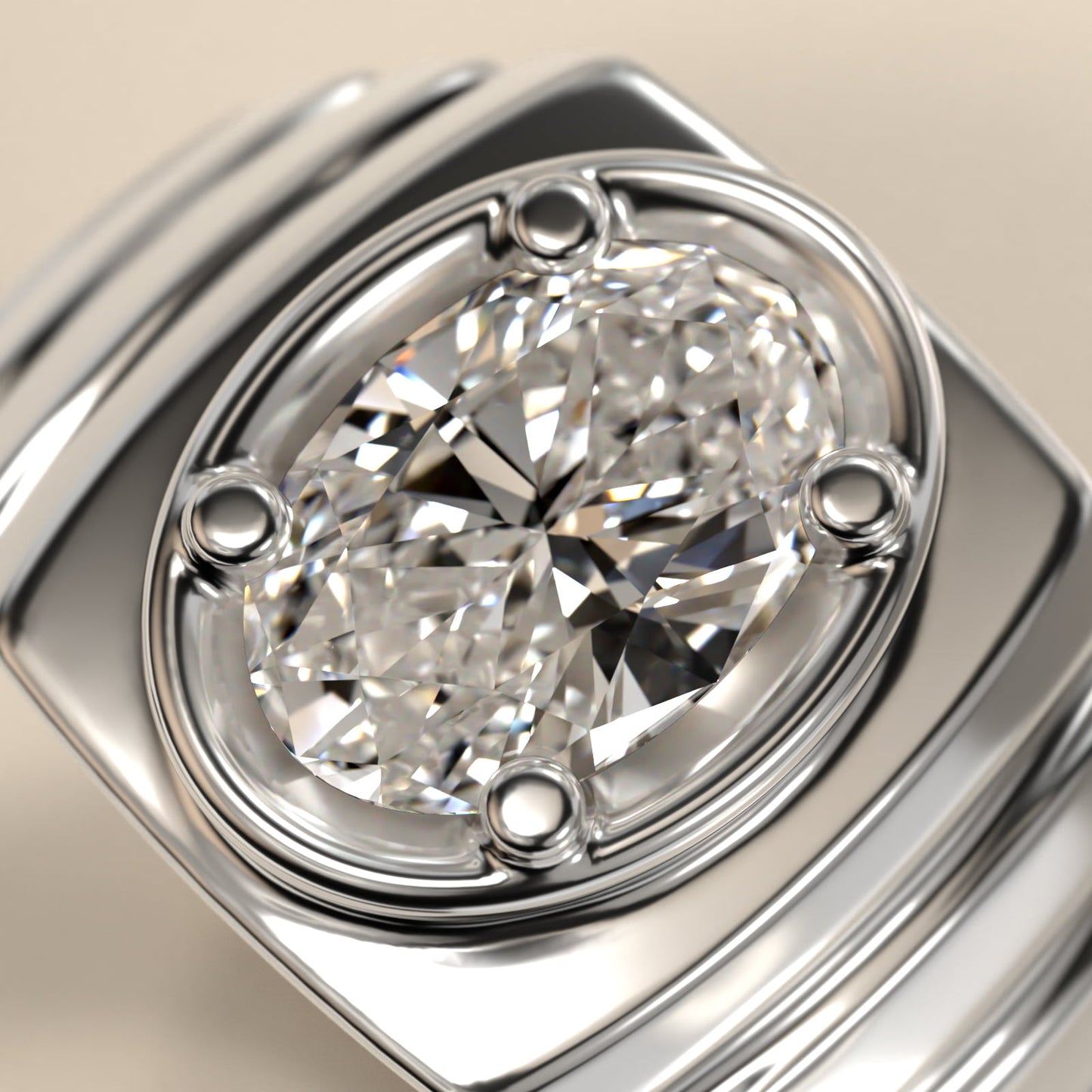 Men's Ridged Solitaire Engagement Ring in Platinum - Oval Center