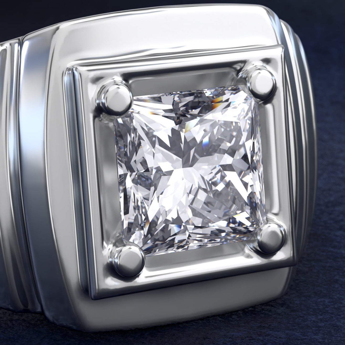 Men's Ridged Solitaire Engagement Ring in 18k White Gold - Princess Center
