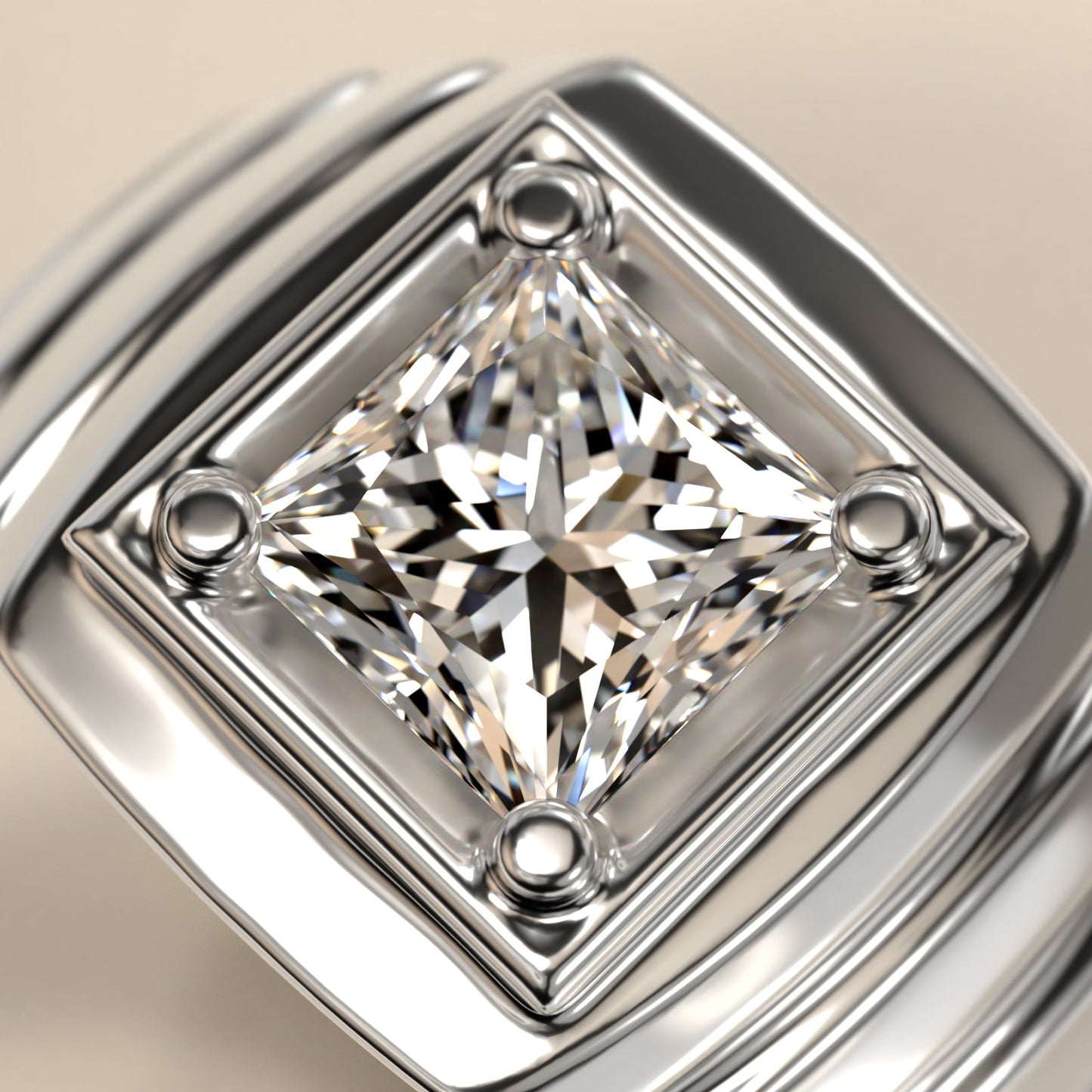 Men's Ridged Solitaire Engagement Ring in Platinum - Princess Center