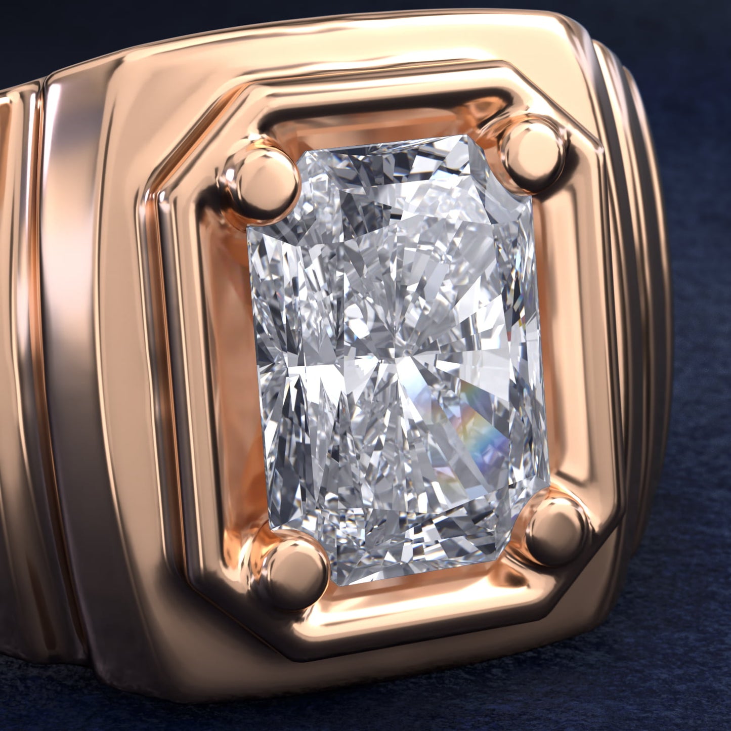 Men's Ridged Solitaire Engagement Ring in 14k Rose Gold - Radiant Center