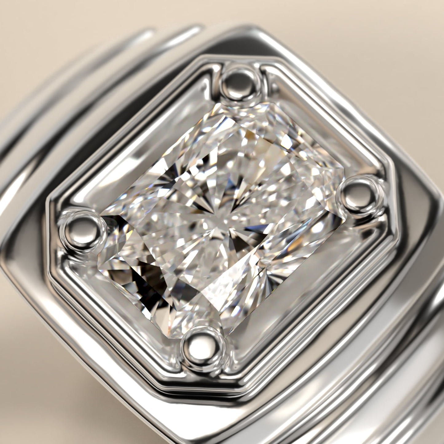 Men's Ridged Solitaire Engagement Ring in Platinum - Radiant Center