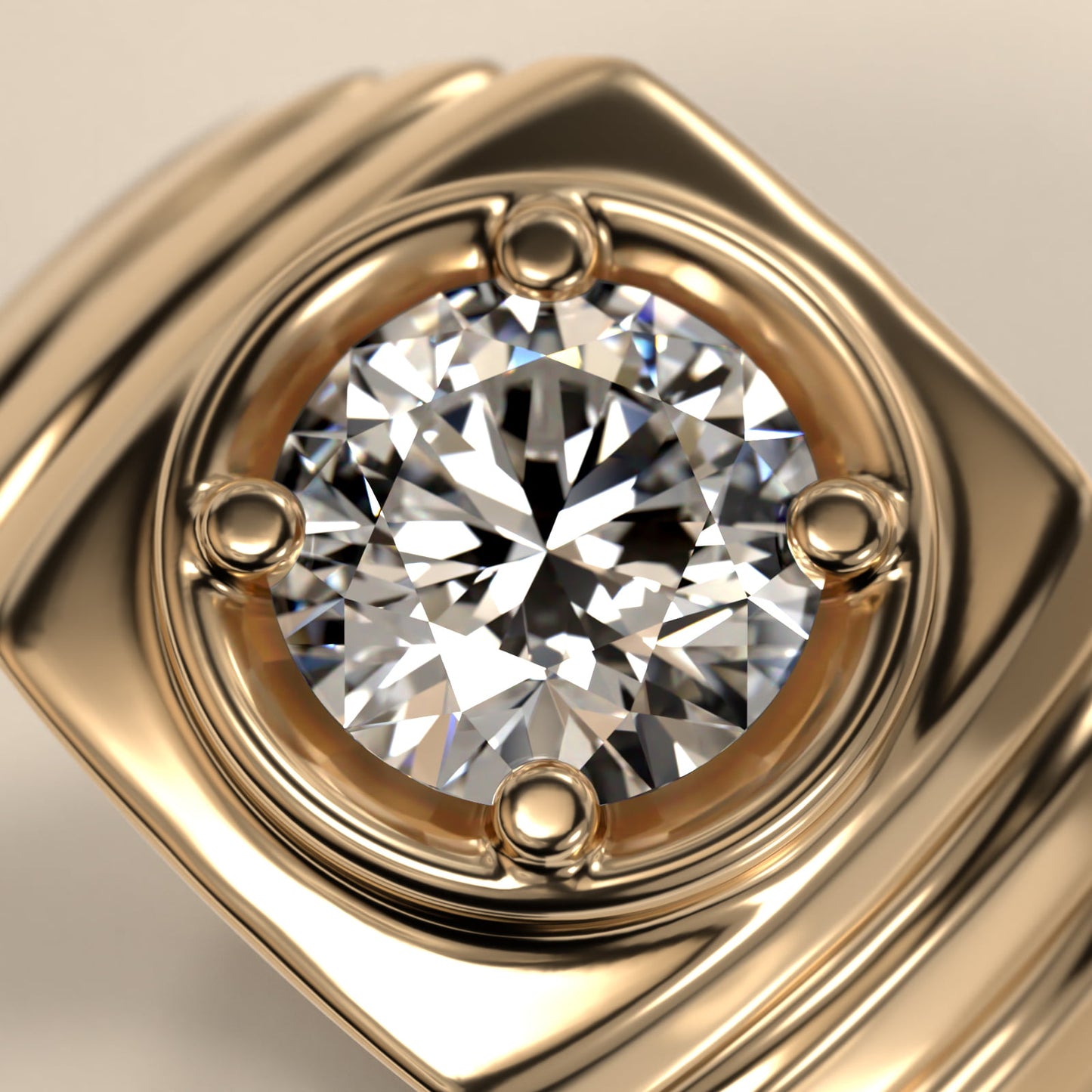 Men's Ridged Solitaire Engagement Ring in 14k Yellow Gold - Round Center