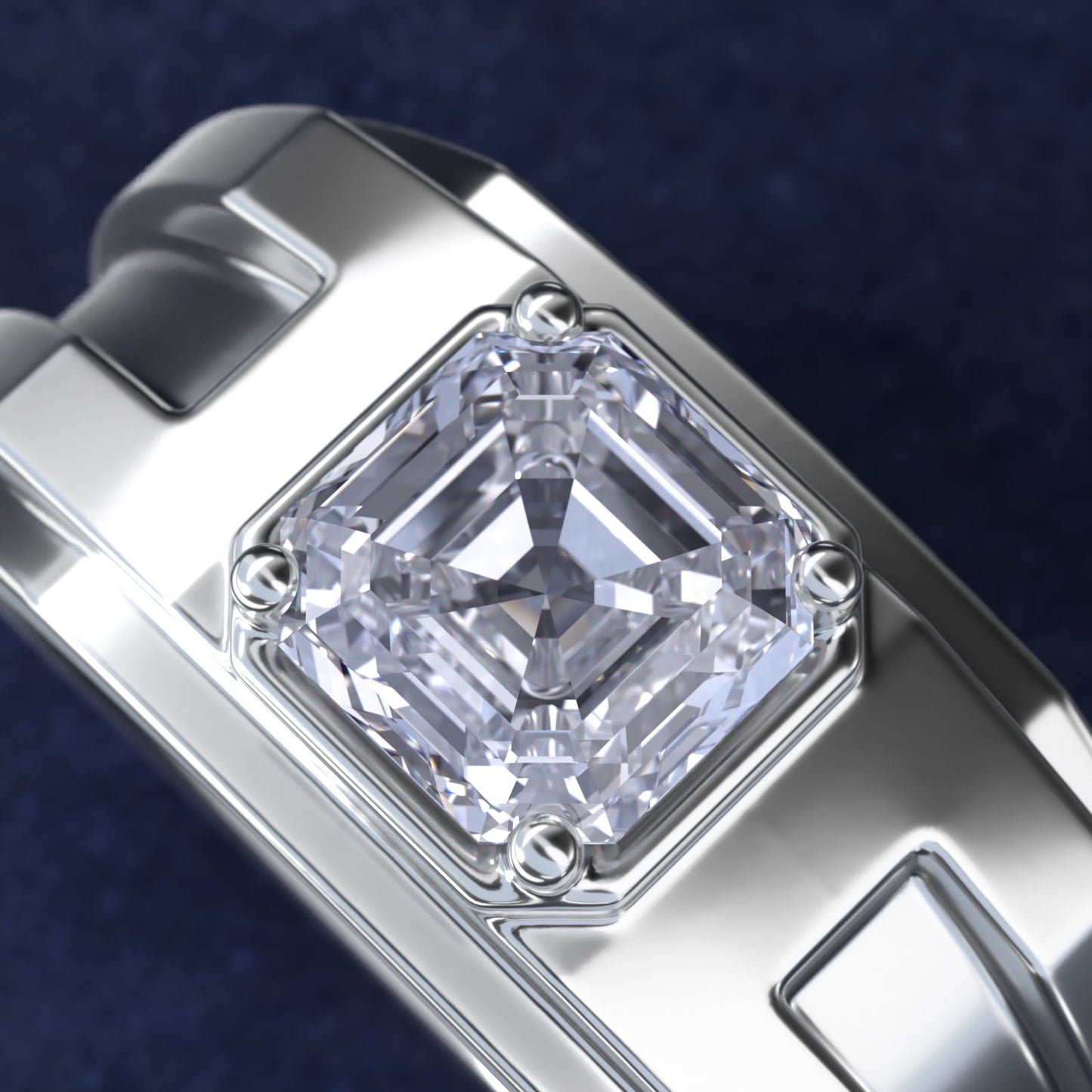 Men's Structured Solitaire Engagement Ring in 18k White Gold - Asscher Center