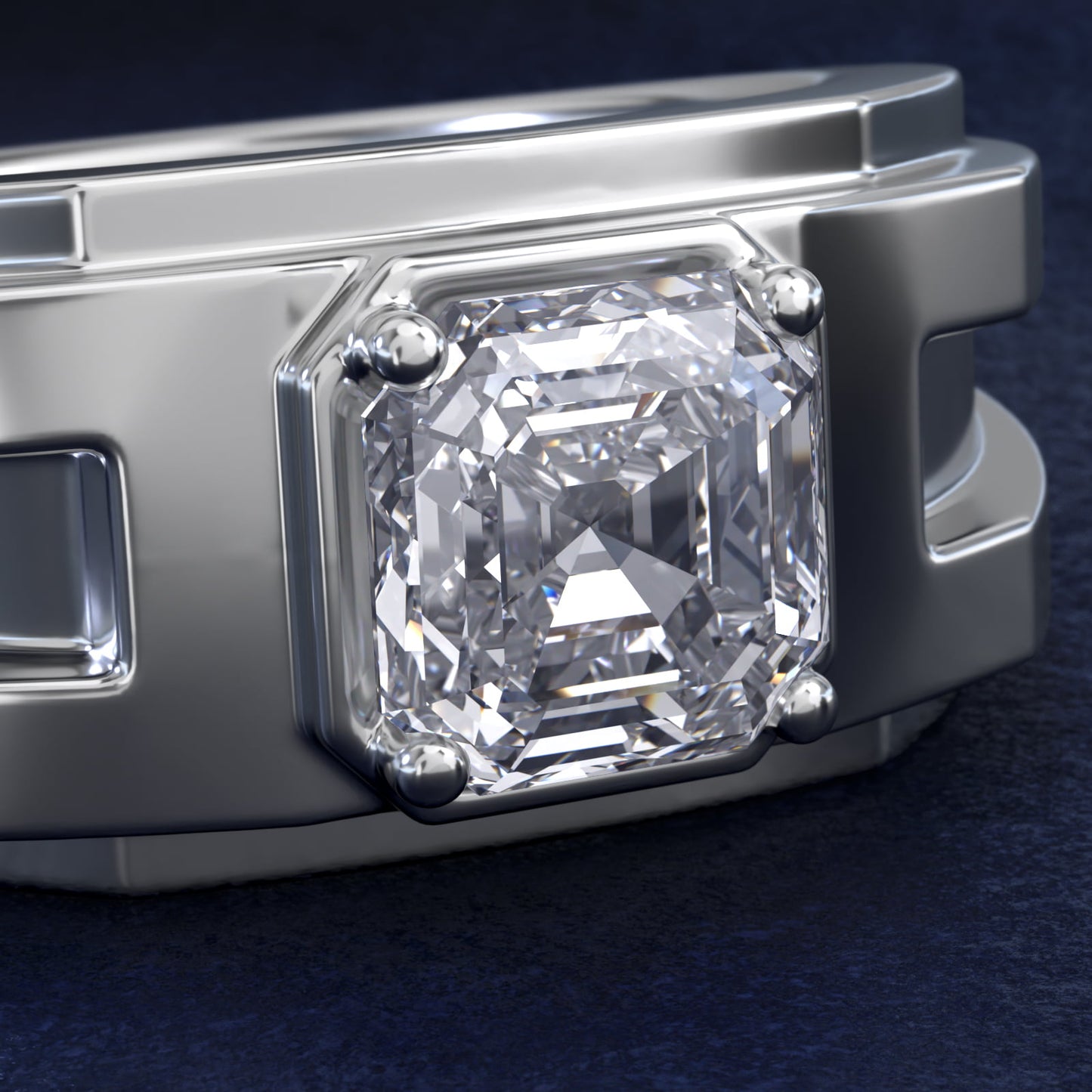 Men's Structured Solitaire Engagement Ring in Platinum - Asscher Center