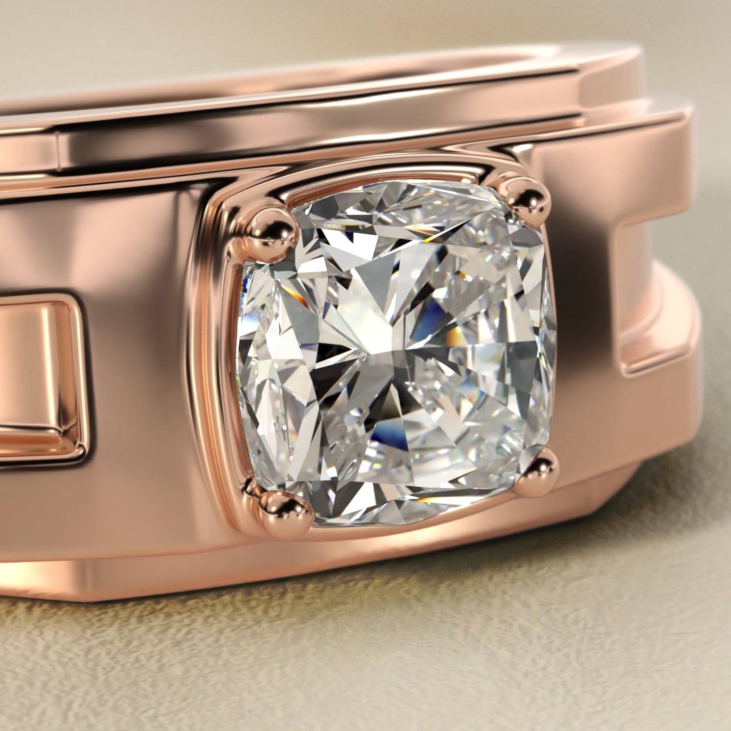 Men's Structured Solitaire Engagement Ring in 18k Rose Gold - Cushion Center