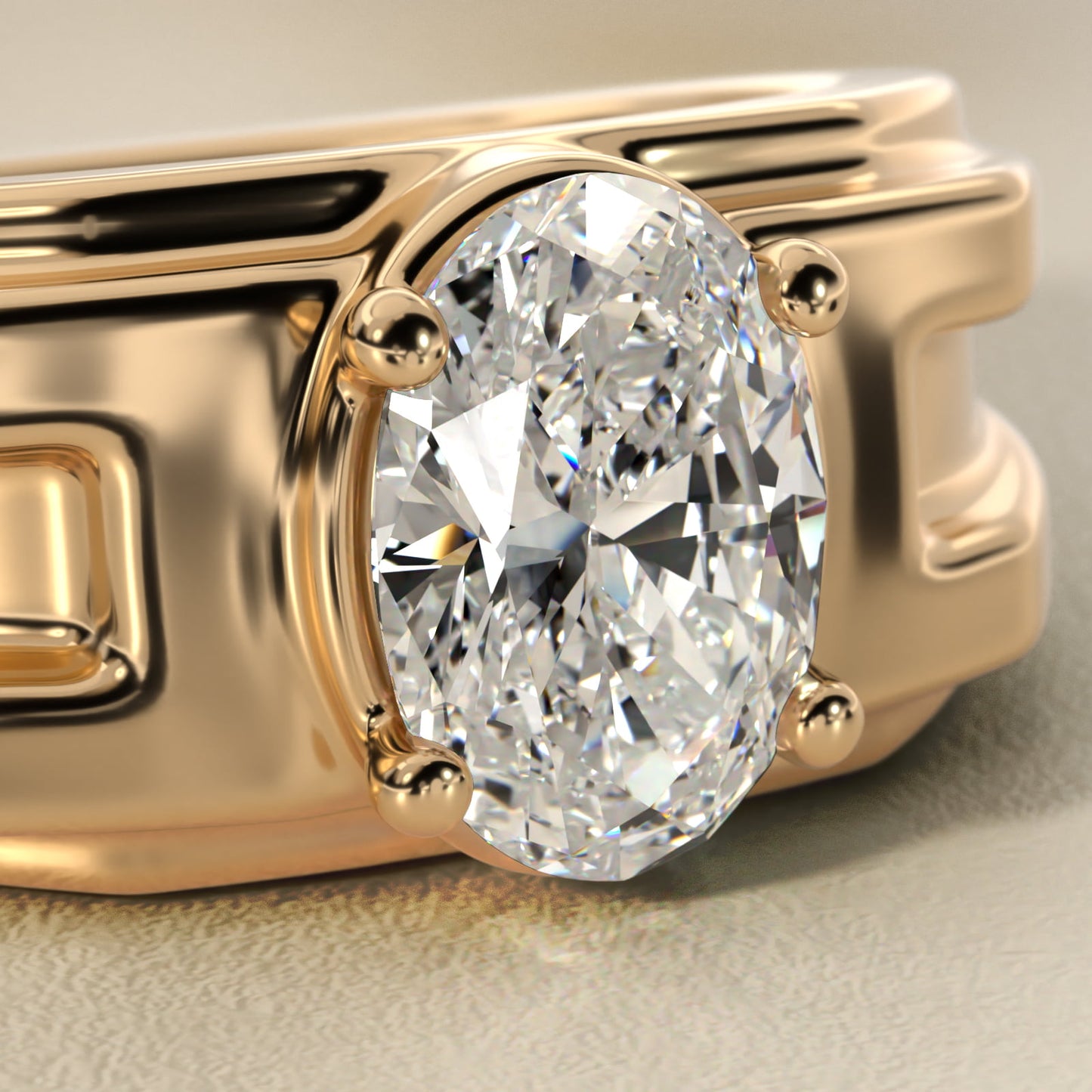 Men's Structured Solitaire Engagement Ring in 14k Yellow Gold - Oval Center