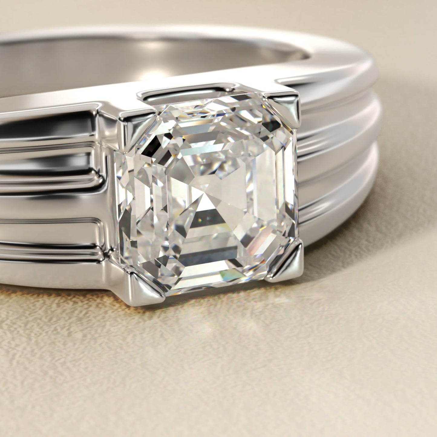 Men's Tapered Grooved Solitaire Engagement Ring in Platinum - Asscher Center