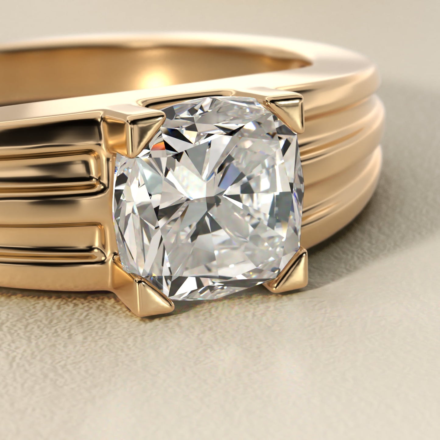 Men's Tapered Grooved Solitaire Engagement Ring in 14k Yellow Gold - Cushion Center