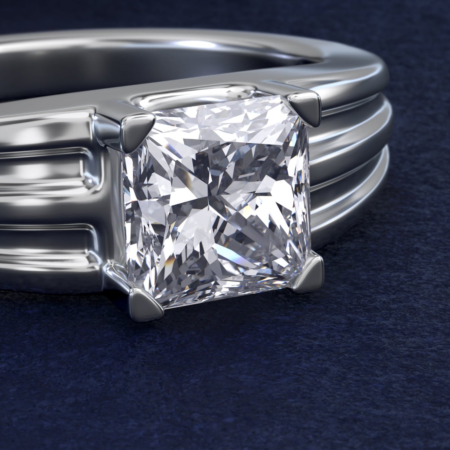 Men's Tapered Grooved Solitaire Engagement Ring in 14k White Gold - Princess Center