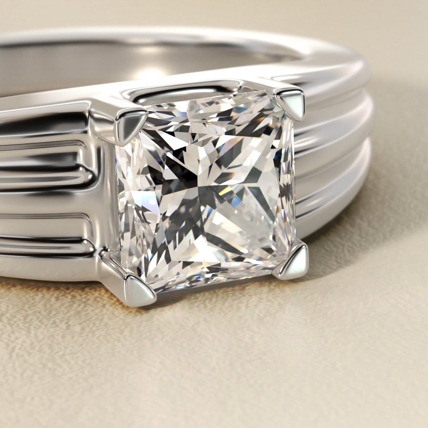 Men's Tapered Grooved Solitaire Engagement Ring in Platinum - Princess Center