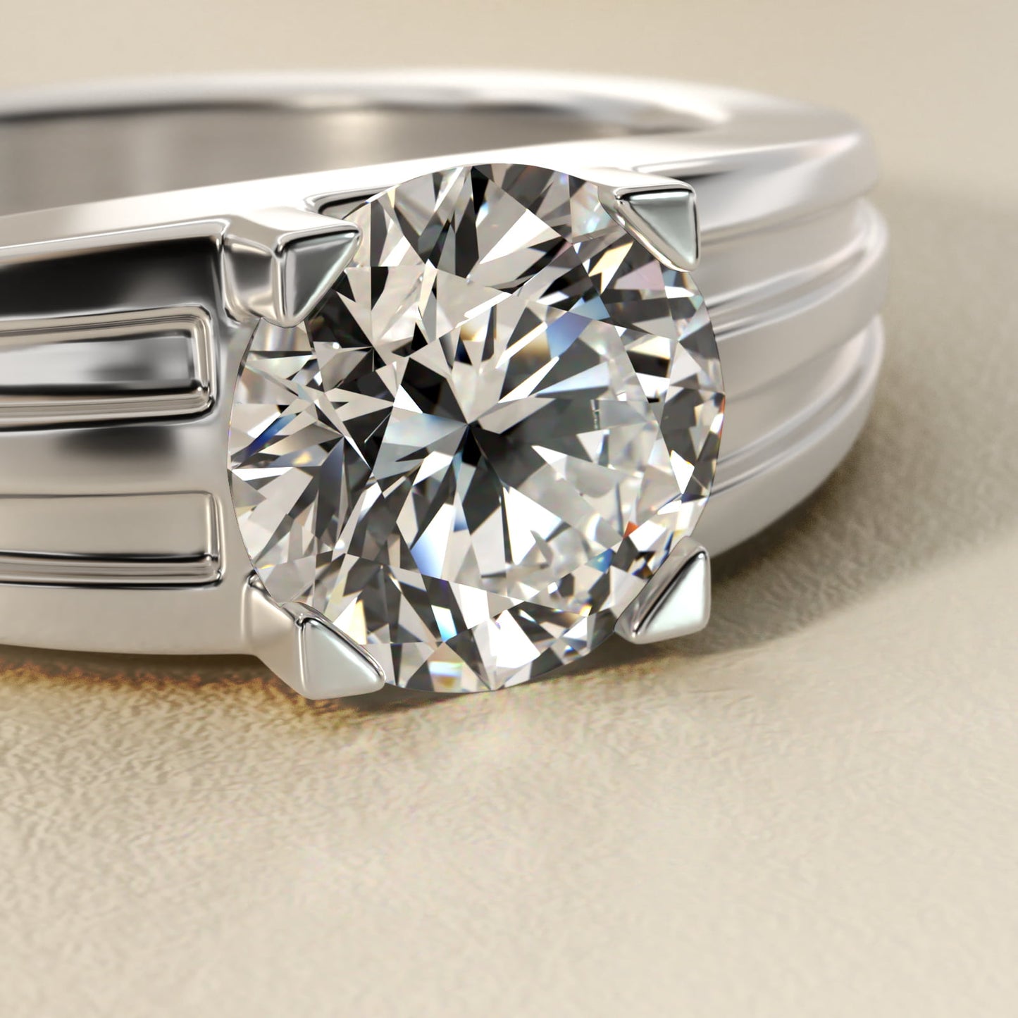 Men's Tapered Grooved Solitaire Engagement Ring in Platinum - Round Center