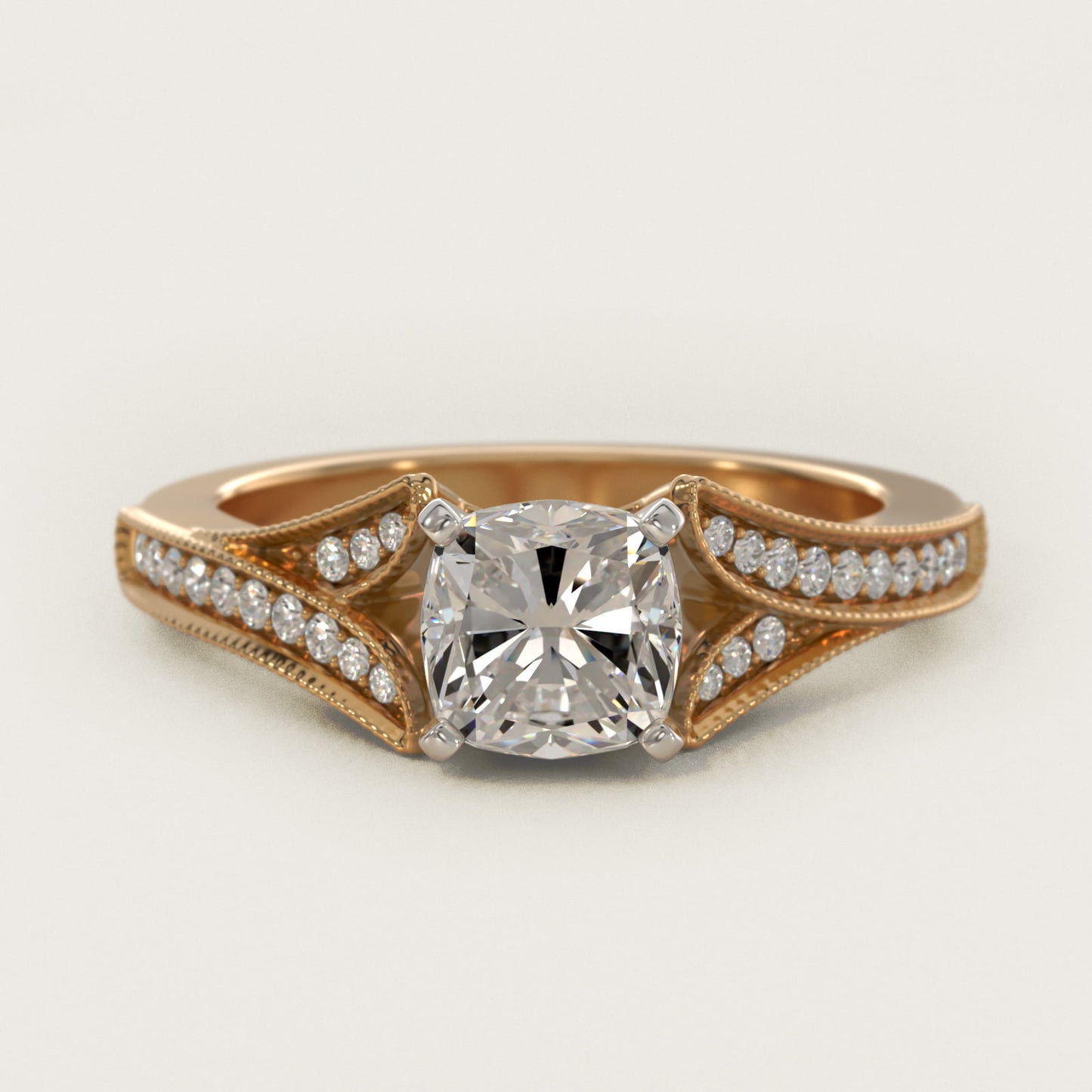 Milgrain and PavŽ V-Shank Diamond Engagement Ring in 14K Yellow Gold (1/8 ct. wt.) - Cushion Center