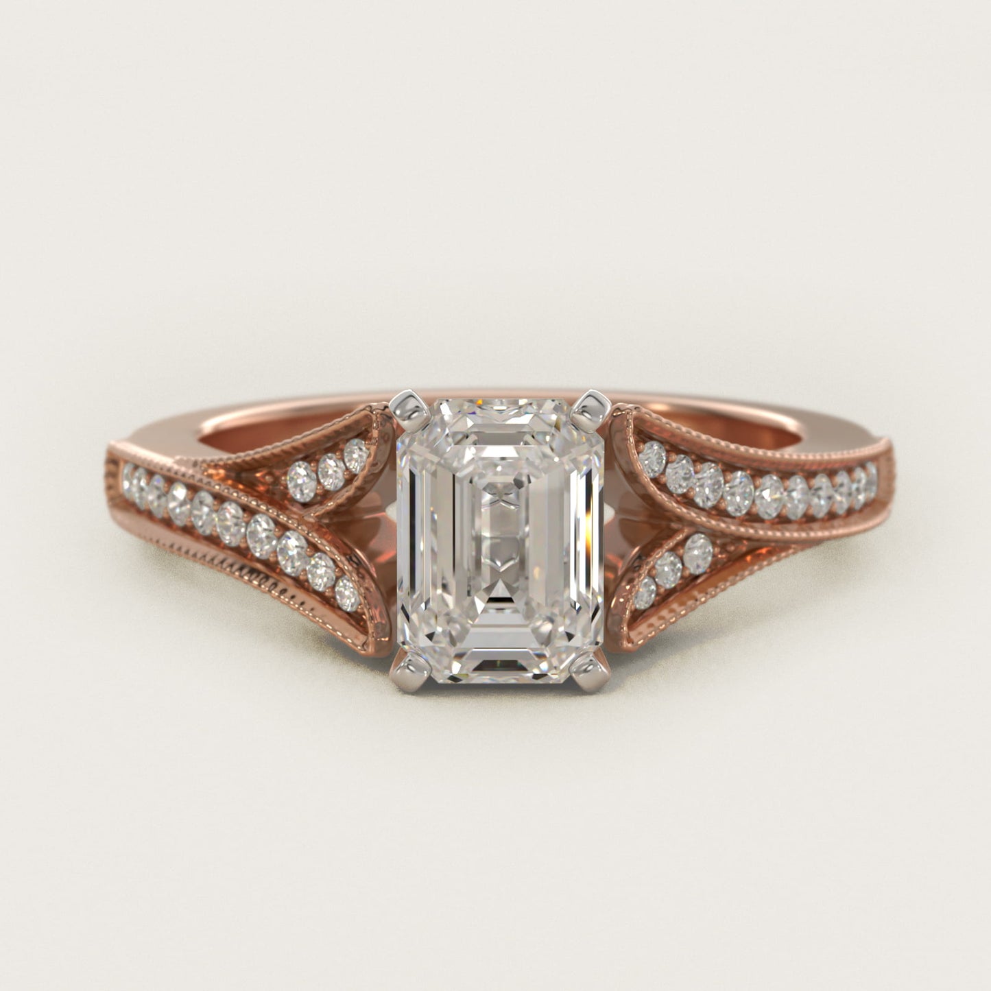 Milgrain and PavŽ V-Shank Diamond Engagement Ring in 18k Rose Gold (1/8 ct. wt.) - Emerald Center