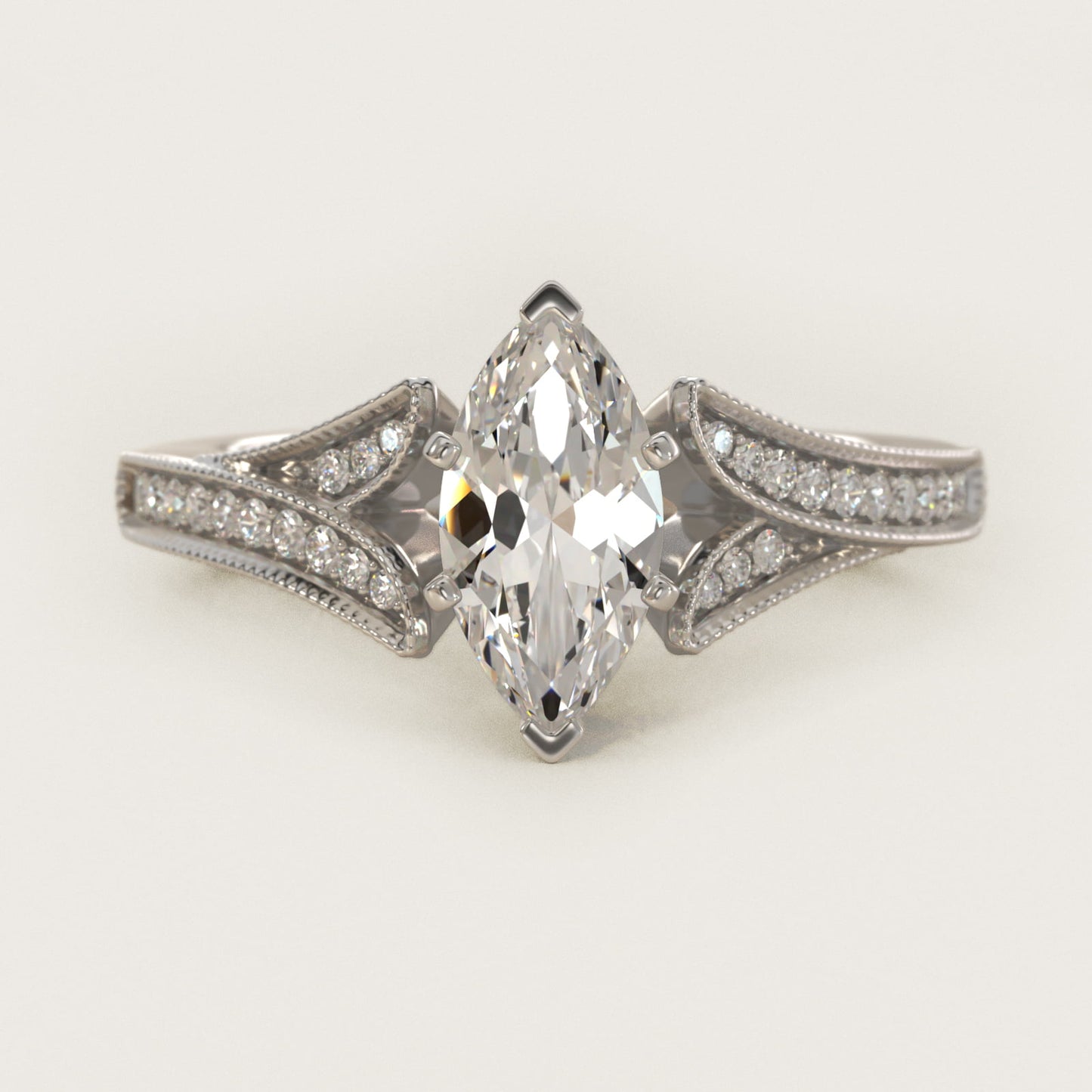 Milgrain and PavŽ V-Shank Diamond Engagement Ring in 14k White Gold (1/8 ct. wt.) - Marquise Center