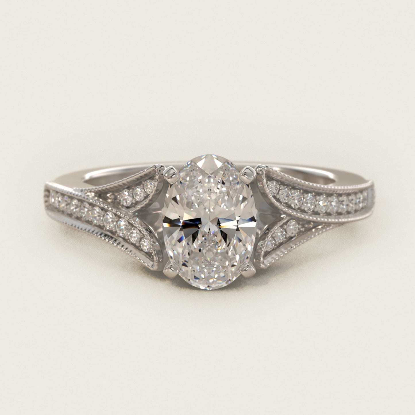 Milgrain and PavŽ V-Shank Diamond Engagement Ring in 18k White Gold (1/8 ct. wt.) - Oval Center