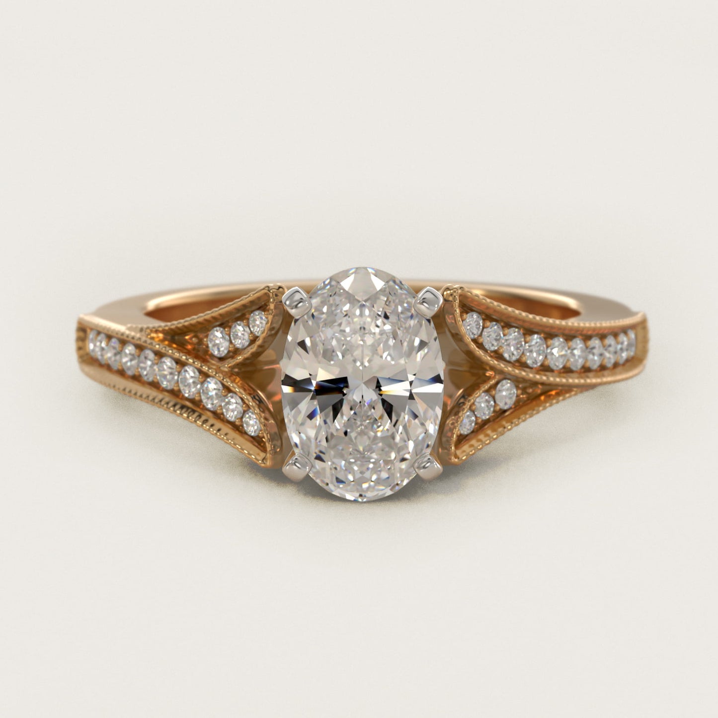 Milgrain and PavŽ V-Shank Diamond Engagement Ring in 14K Yellow Gold (1/8 ct. wt.) - Oval Center