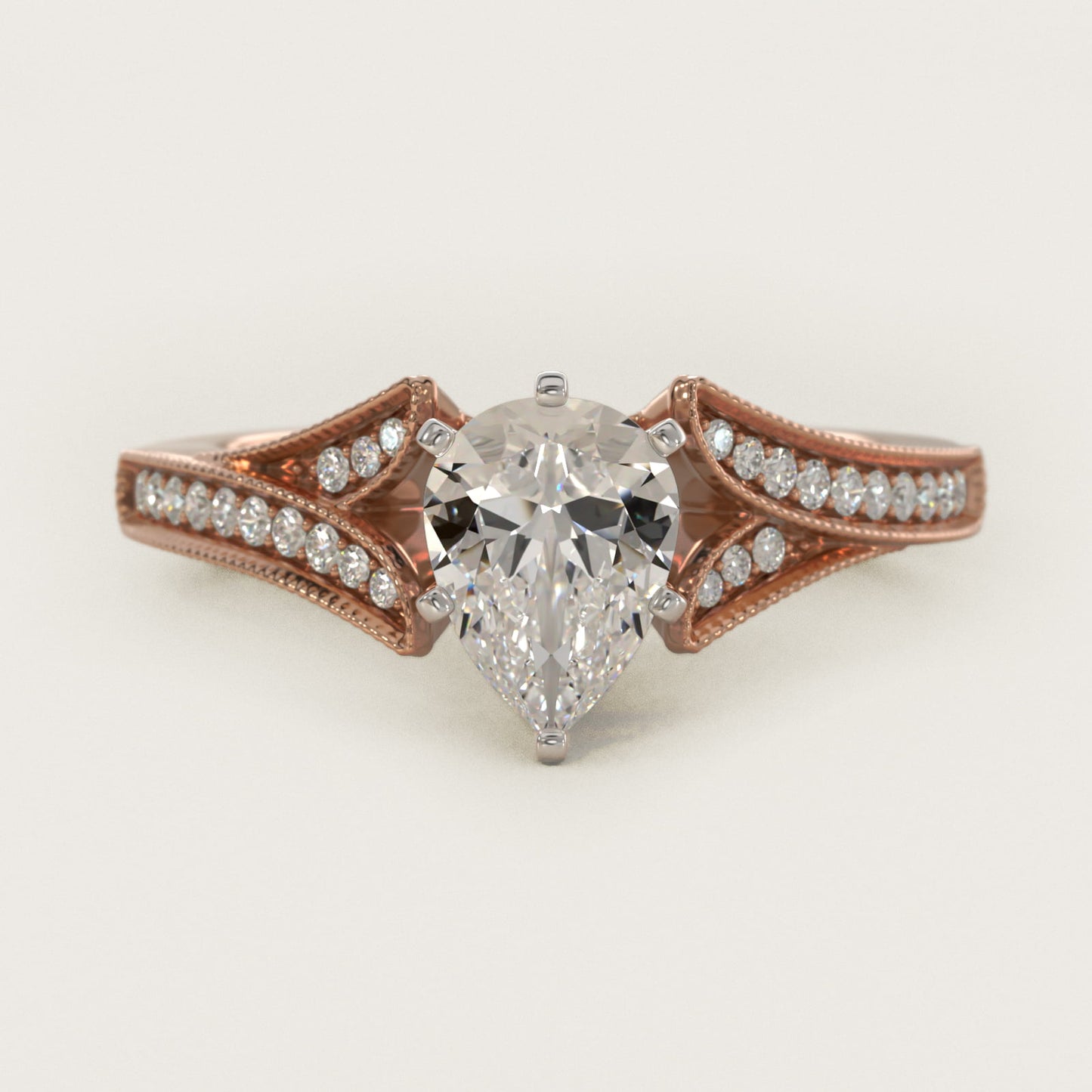 Milgrain and PavŽ V-Shank Diamond Engagement Ring in 14k Rose Gold (1/8 ct. wt.) - Pear Center