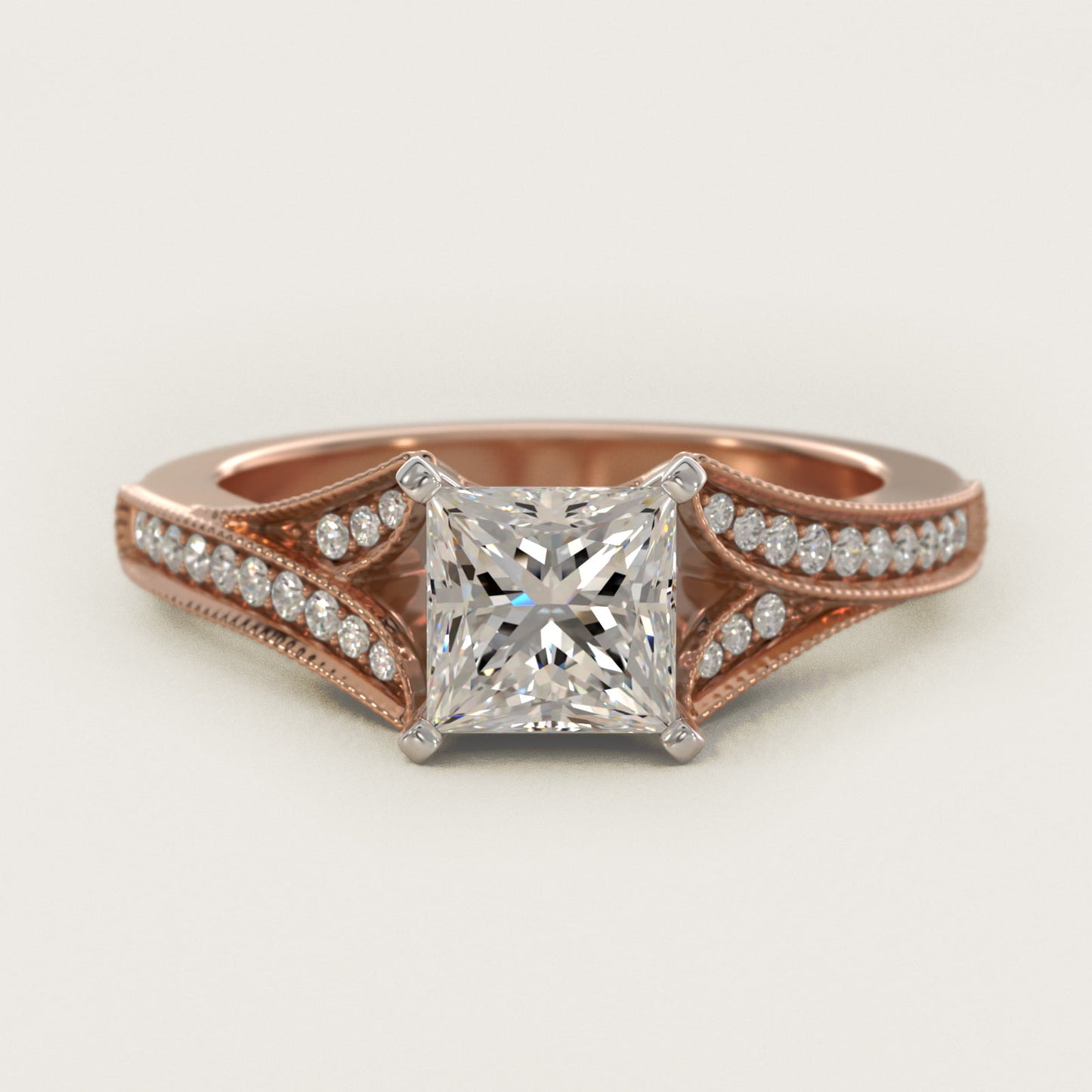 Milgrain and PavŽ V-Shank Diamond Engagement Ring in 14k Rose Gold (1/8 ct. wt.) - Princess Center