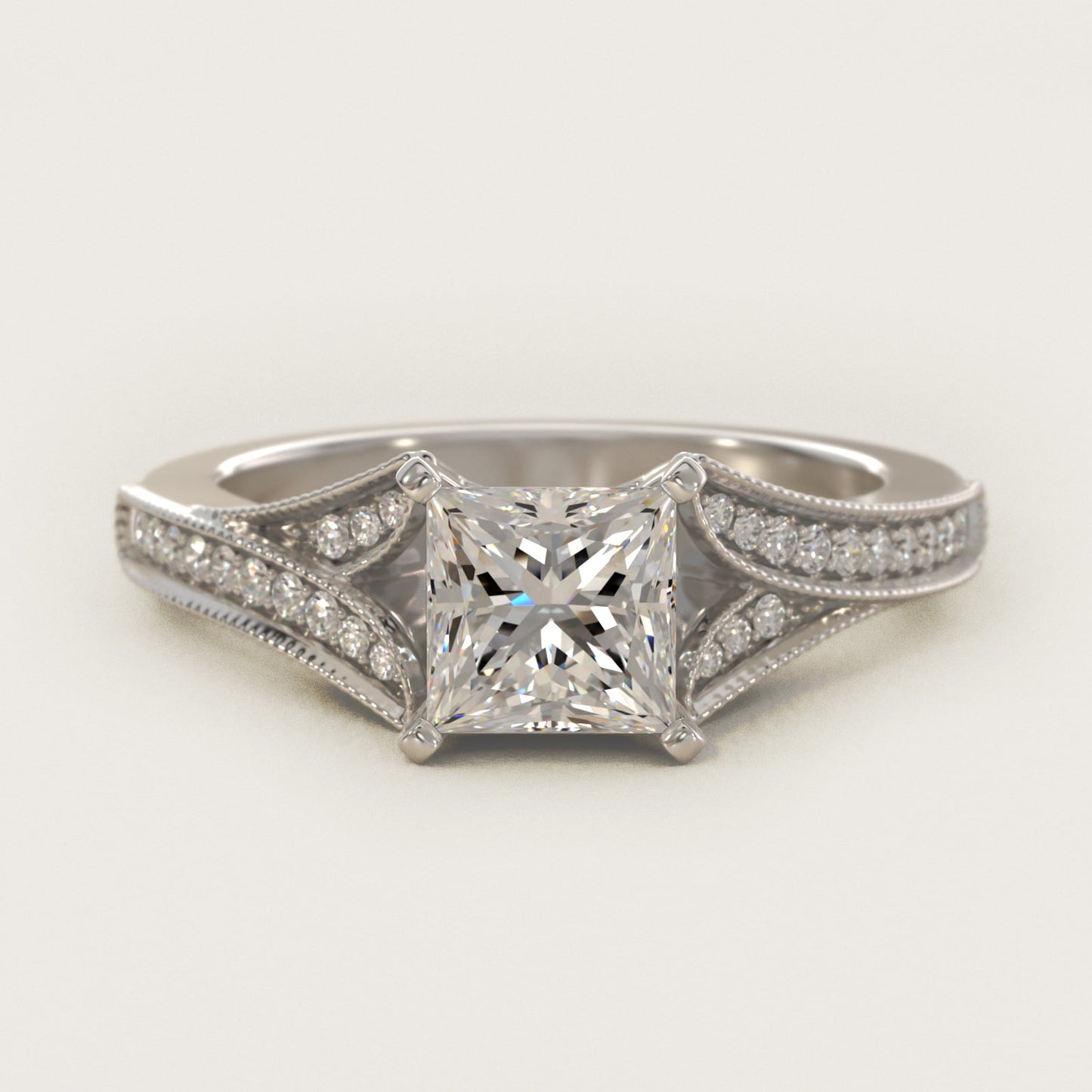 Milgrain and PavŽ V-Shank Diamond Engagement Ring in 18k White Gold (1/8 ct. wt.) - Princess Center