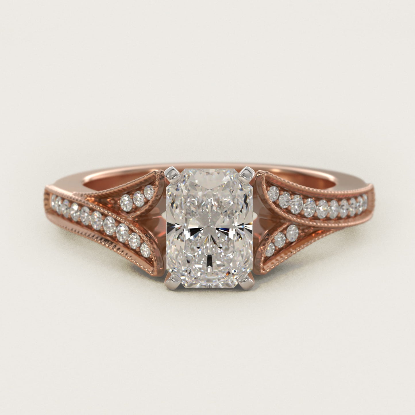 Milgrain and PavŽ V-Shank Diamond Engagement Ring in 14k Rose Gold (1/8 ct. wt.) - Radiant Center