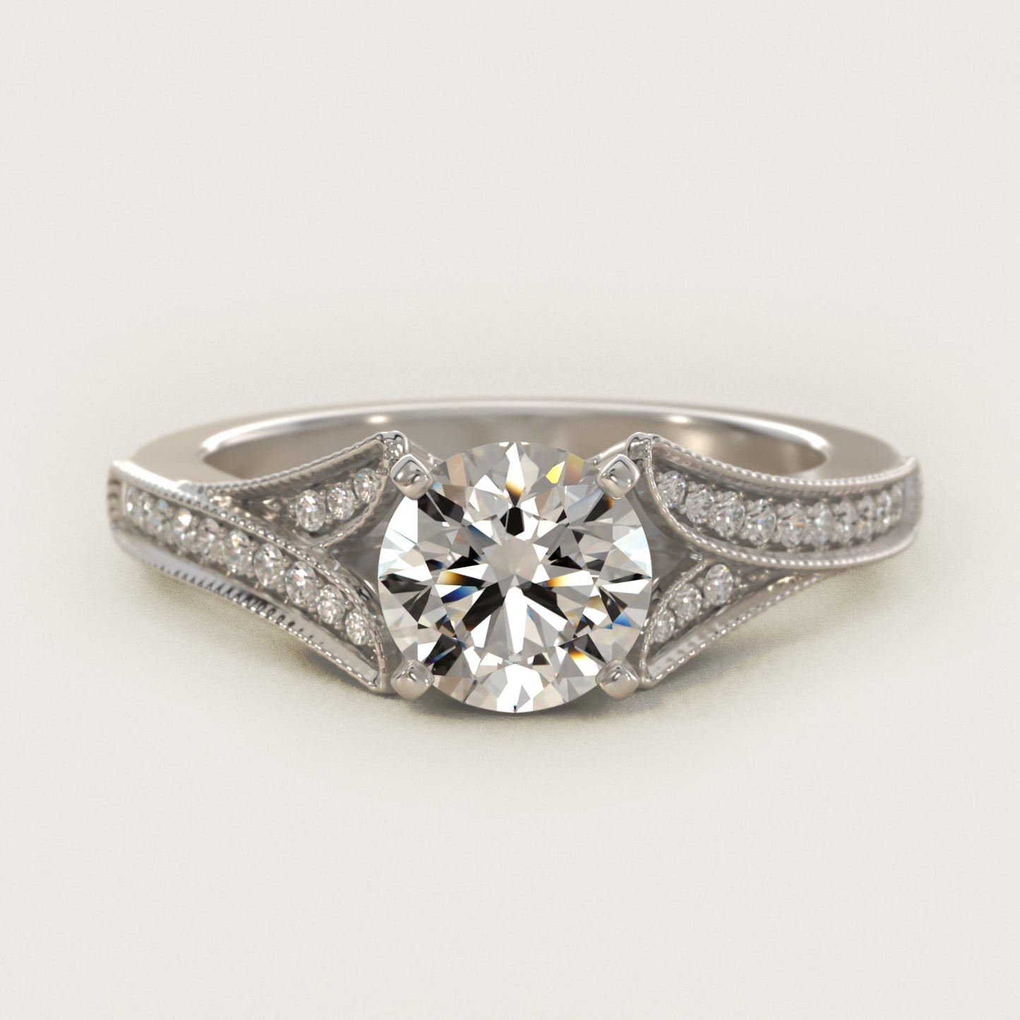 Milgrain and PavŽ V-Shank Diamond Engagement Ring in Platinum (1/8 ct. wt.) - Round Center