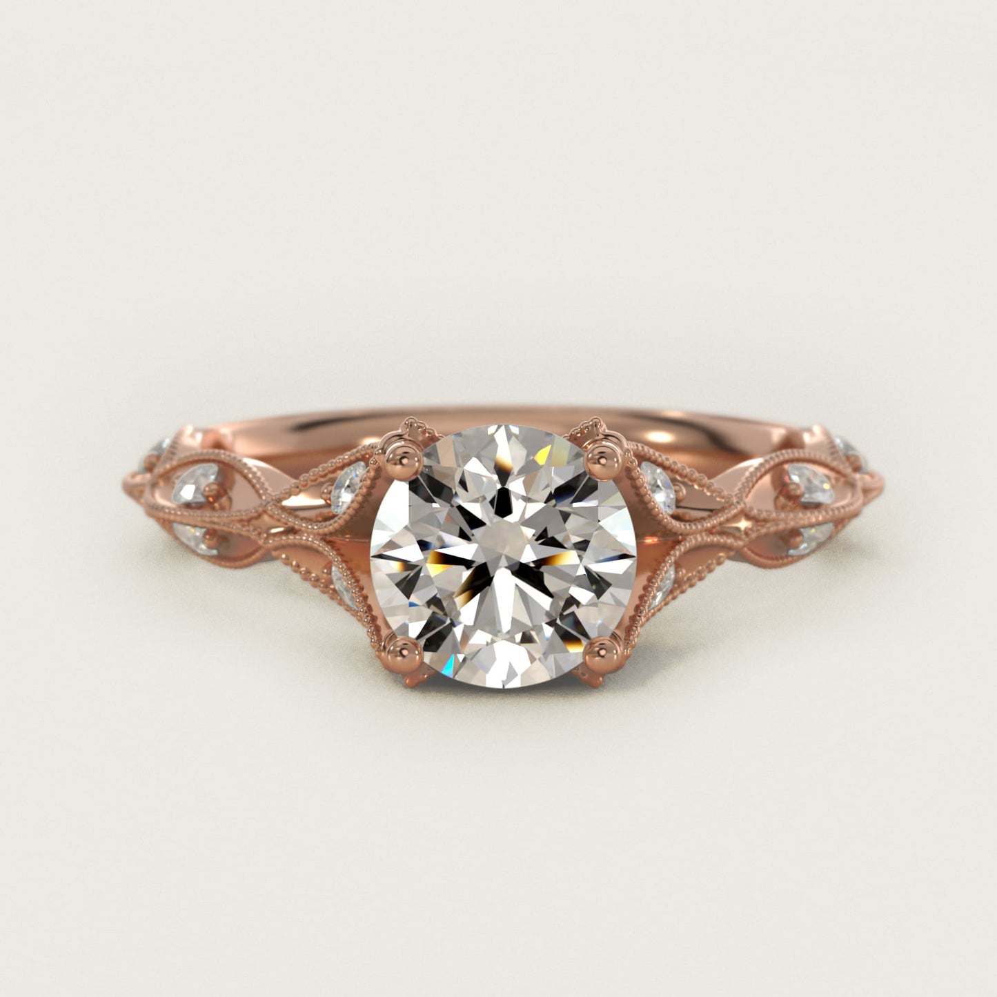 Milgrain Navette Vintage-Style Engagement Ring In 18k Rose Gold By James Allen - Round Center