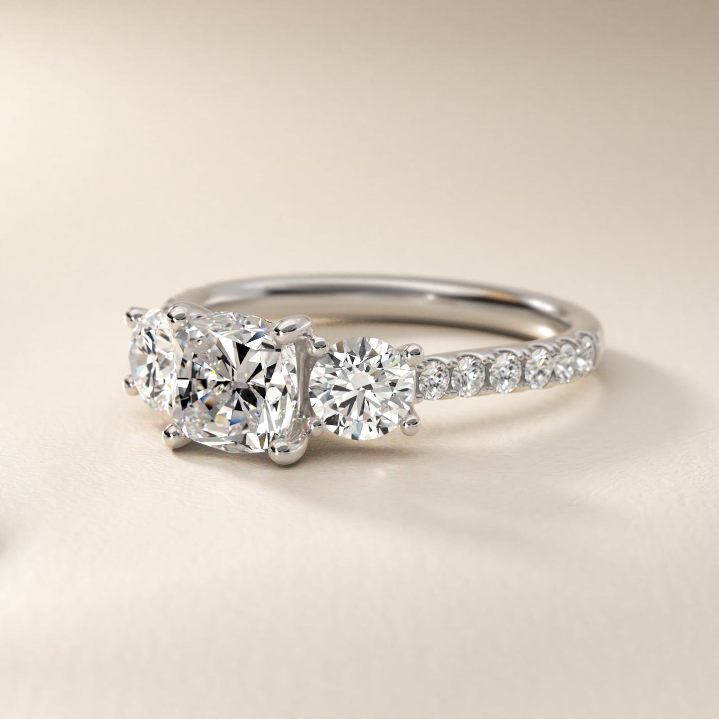 Modern Trellis Three Stone Diamond Engagement in Platinum - Cushion Center